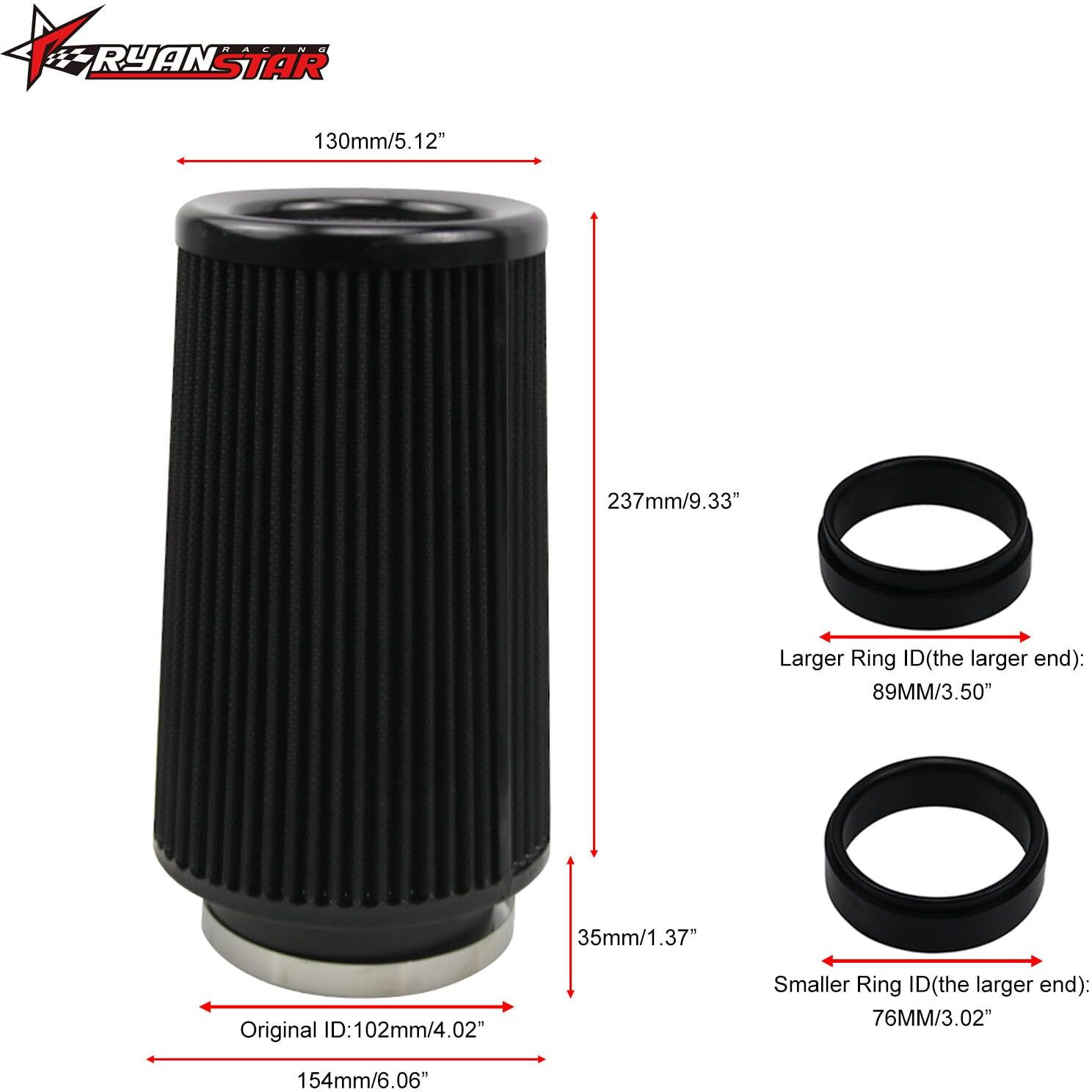 Ryanstar Universal Clamp-On Air Filter Three Different Size 76Mm 89Mm 102Mm High Flow Round Tapered Cone Closed-Top Cool Air Filter Cleaner Fit Compatible With Car And Motorcycle Black