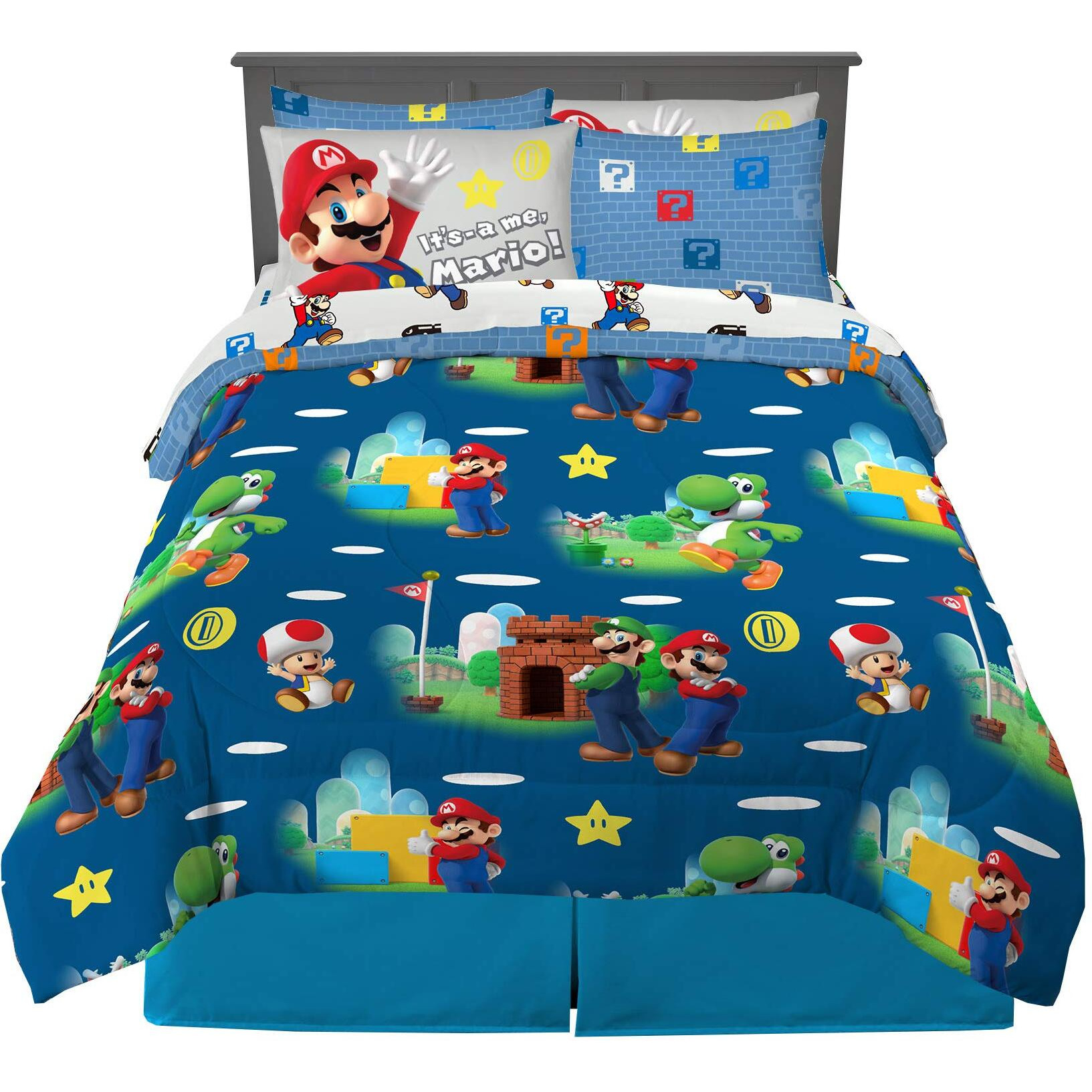 Franco Super Mario Bros. Kids Bedding Super Soft Comforter And Sheet Set With Sham, 7 Piece Queen Size, (Official Licensed Product)