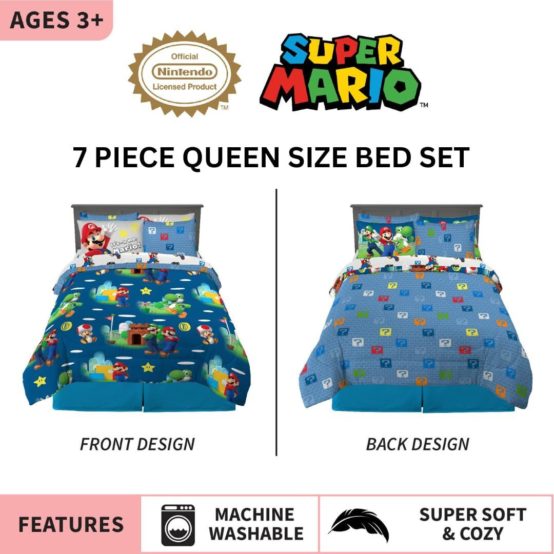 Franco Super Mario Bros. Kids Bedding Super Soft Comforter And Sheet Set With Sham, 7 Piece Queen Size, (Official Licensed Product)