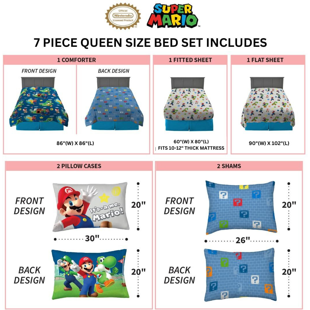 Franco Super Mario Bros. Kids Bedding Super Soft Comforter And Sheet Set With Sham, 7 Piece Queen Size, (Official Licensed Product)