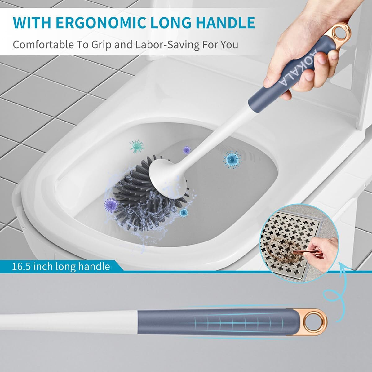 Aokala Silicone Toilet Brush Set, 2 Pack Toilet Bowl Brush And Holder With Tweezers Long Handle, Toilet Cleaner Brush For Bathroom Deep Cleaning, Elegant Toilet Scrubber Bathroom Decor Accessories