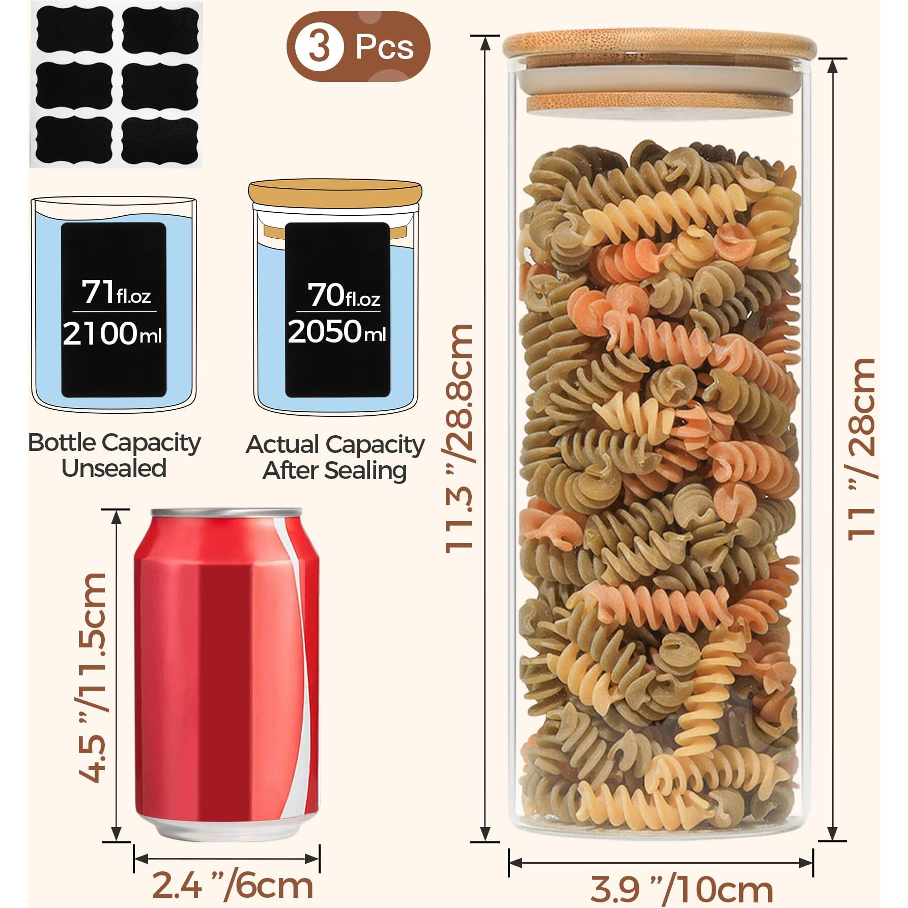 Comsaf Glass Spaghetti Pasta Storage Container With Lids 70Oz Set Of 3, Tall Clear Airtight Food Storage Jar With Bamboo Cover Kitchen Pantry Storage Container For Noodles Flour Cereal Coffee Beans