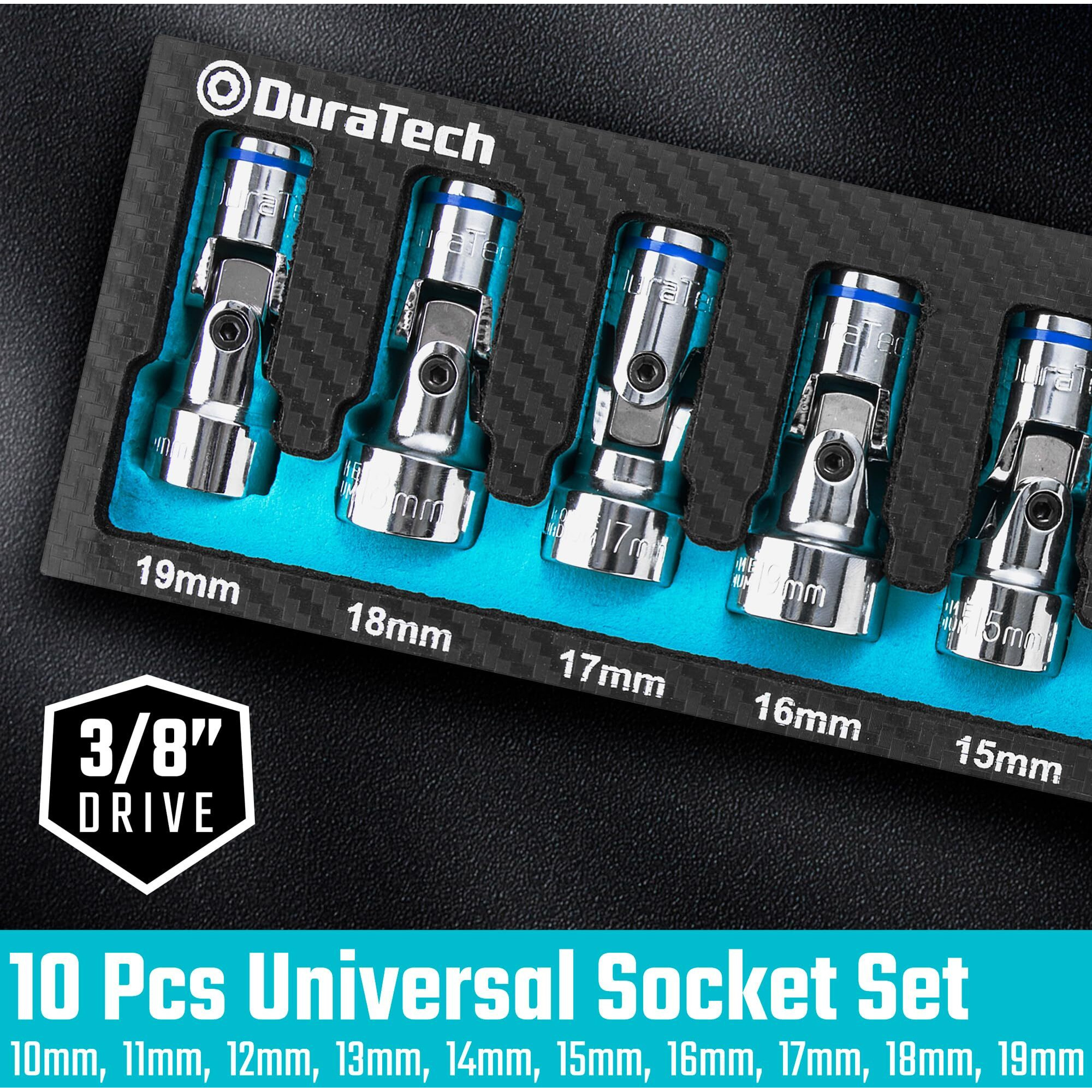 Duratech 3/8"" Drive Universal Joint Socket Set, Swivel Socket Set, 10-Piece, Metric, Size Covers 10-19Mm, Cr-V Steel, Organized In Eva Foam Organizer