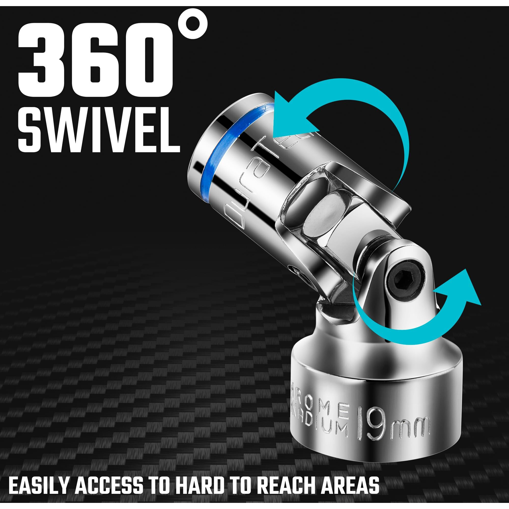Duratech 3/8"" Drive Universal Joint Socket Set, Swivel Socket Set, 10-Piece, Metric, Size Covers 10-19Mm, Cr-V Steel, Organized In Eva Foam Organizer