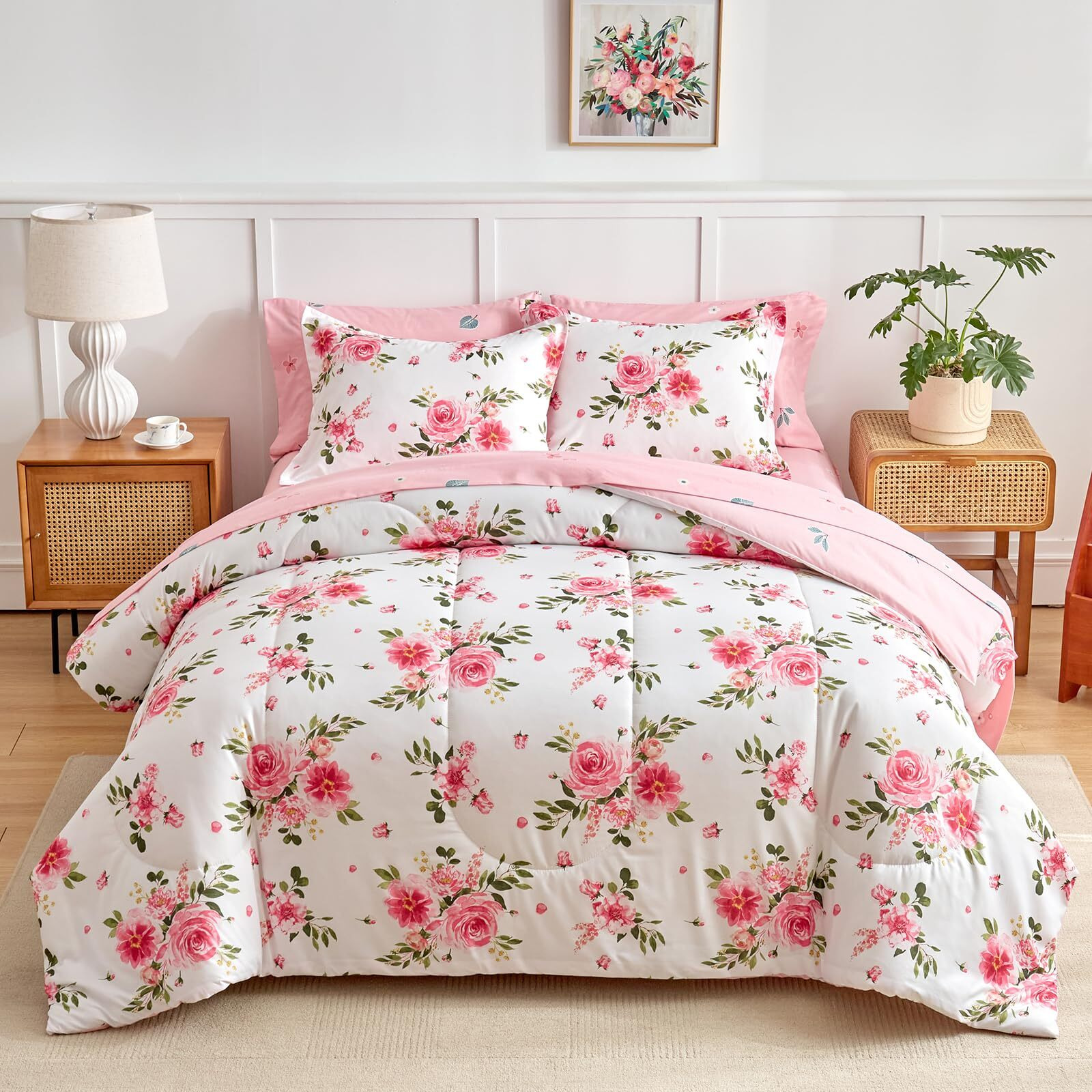 Flower Comforter Sheet Set White Bed In A Bag 6 Pieces Twin Size Dark Pink Floral Microfiber Bedding Set (1 Comforter 2 Pillow Shams 1 Pink Flat Sheet 1 Fitted Sheet 1 Pillowcases)