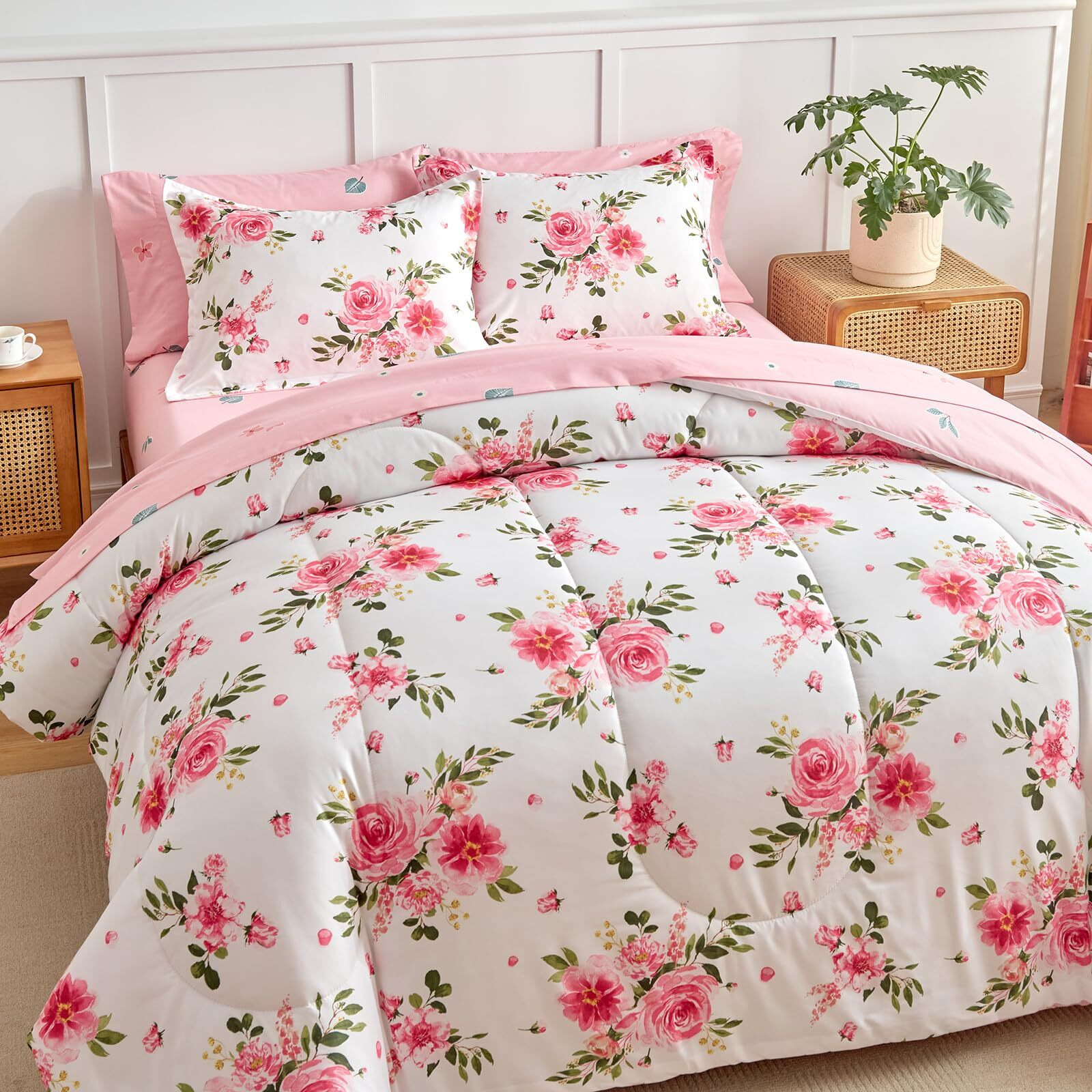 Flower Comforter Sheet Set White Bed In A Bag 6 Pieces Twin Size Dark Pink Floral Microfiber Bedding Set (1 Comforter 2 Pillow Shams 1 Pink Flat Sheet 1 Fitted Sheet 1 Pillowcases)