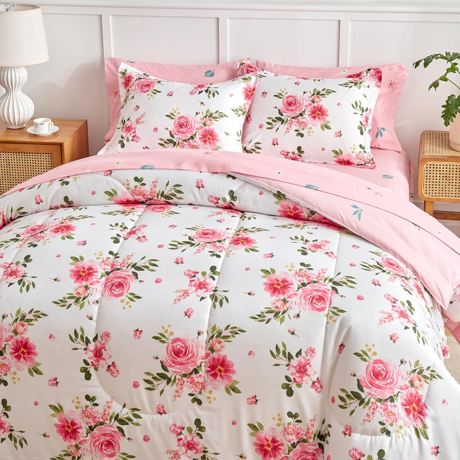 Flower Comforter Sheet Set White Bed In A Bag 6 Pieces Twin Size Dark Pink Floral Microfiber Bedding Set (1 Comforter 2 Pillow Shams 1 Pink Flat Sheet 1 Fitted Sheet 1 Pillowcases)