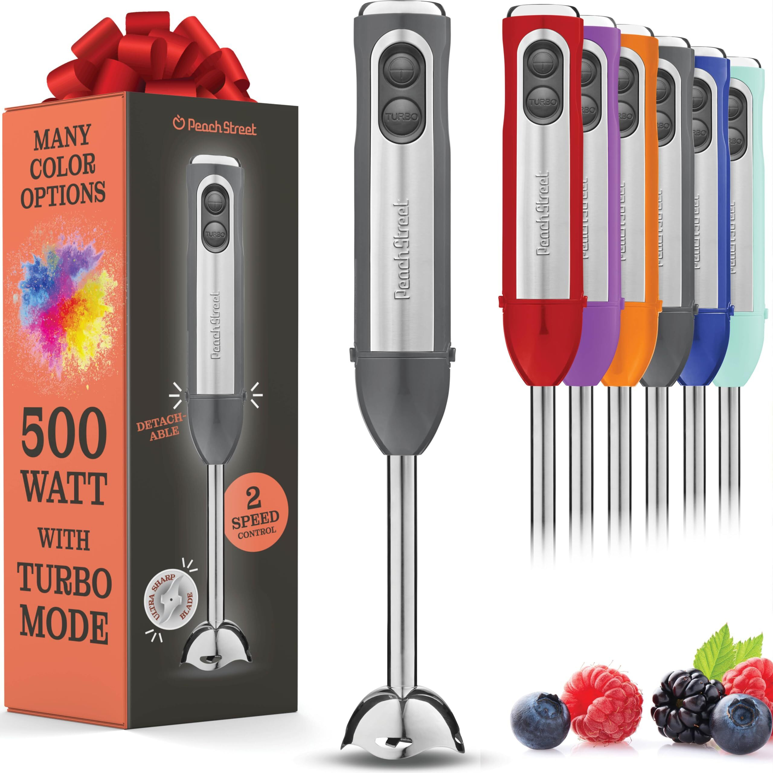 Powerful Immersion Blender, Electric Hand Blender 500 Watt With Turbo Mode, Detachable Base. Handheld Kitchen Blender Stick For Soup, Smoothie, Puree, Baby Food, 304 Stainless Steel Blades (Grey)