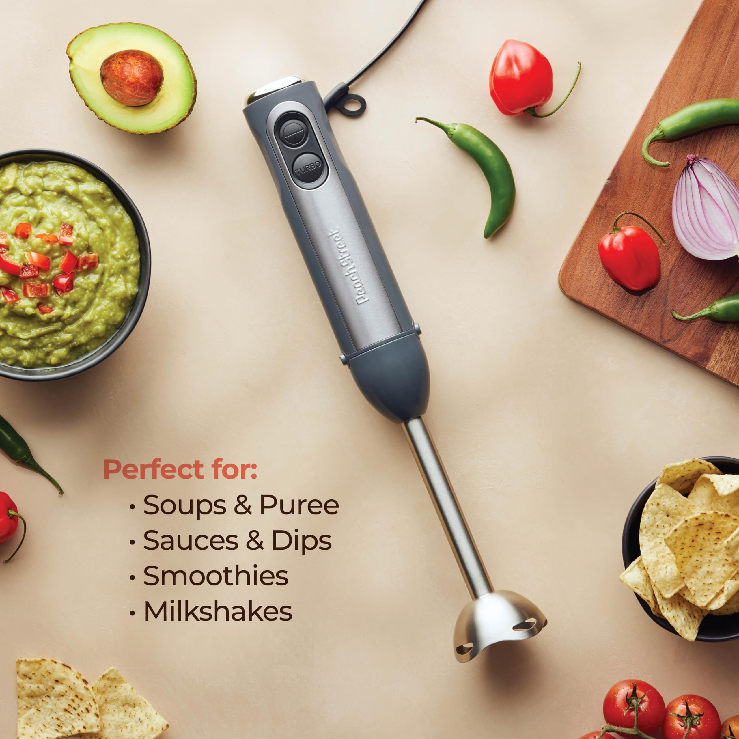 Powerful Immersion Blender, Electric Hand Blender 500 Watt With Turbo Mode, Detachable Base. Handheld Kitchen Blender Stick For Soup, Smoothie, Puree, Baby Food, 304 Stainless Steel Blades (Grey)