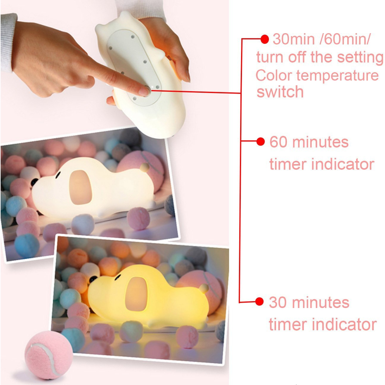 Silicone Led Papa Puppy Night Light Touch Sensor Switching Night Lamp, Transform Between Warm White 2700K And White 6500K, Safe Sil+Abs, Sleep Timer Setting For Kids Babies Bedside And Nursery