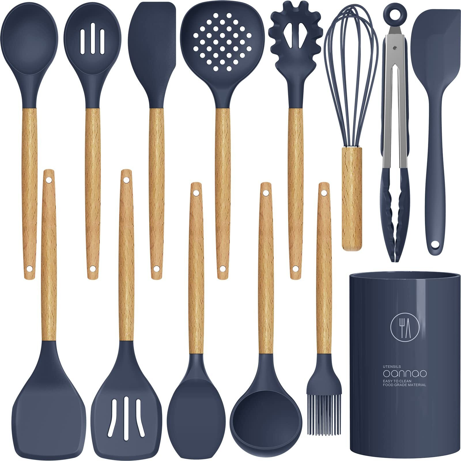 Silicone Cooking Utensils Set - 446F Heat Resistant Silicone Kitchen Utensils For Cooking,Kitchen Utensil Spatula Set W Wooden Handles And Holder, Bpa Free Gadgets For Non-Stick Cookware (Navy Blue)
