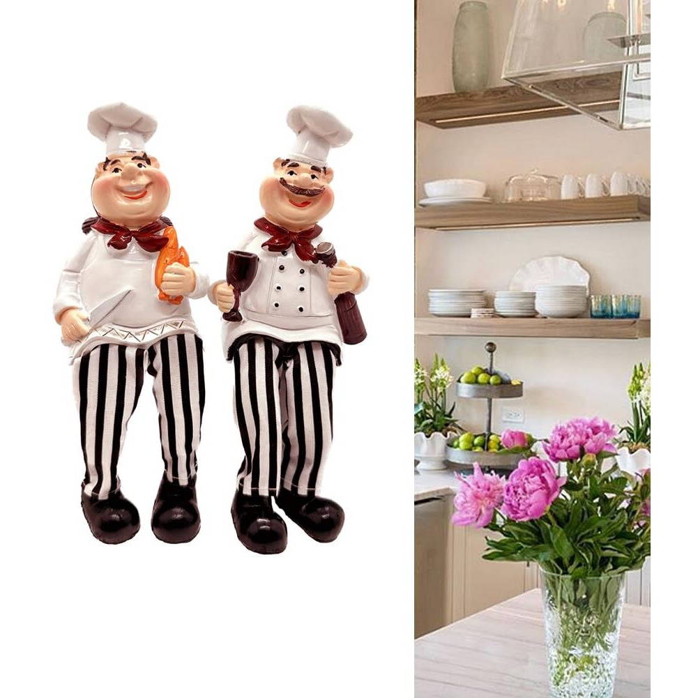 Set Of 2 Home Kitchen Decor Chef Figurines Bread & Wine With Dangling Legs Shelf Sitters Figurine Statue For Kitchen Shelves, Cupboard, Countertop Display, Windowsill