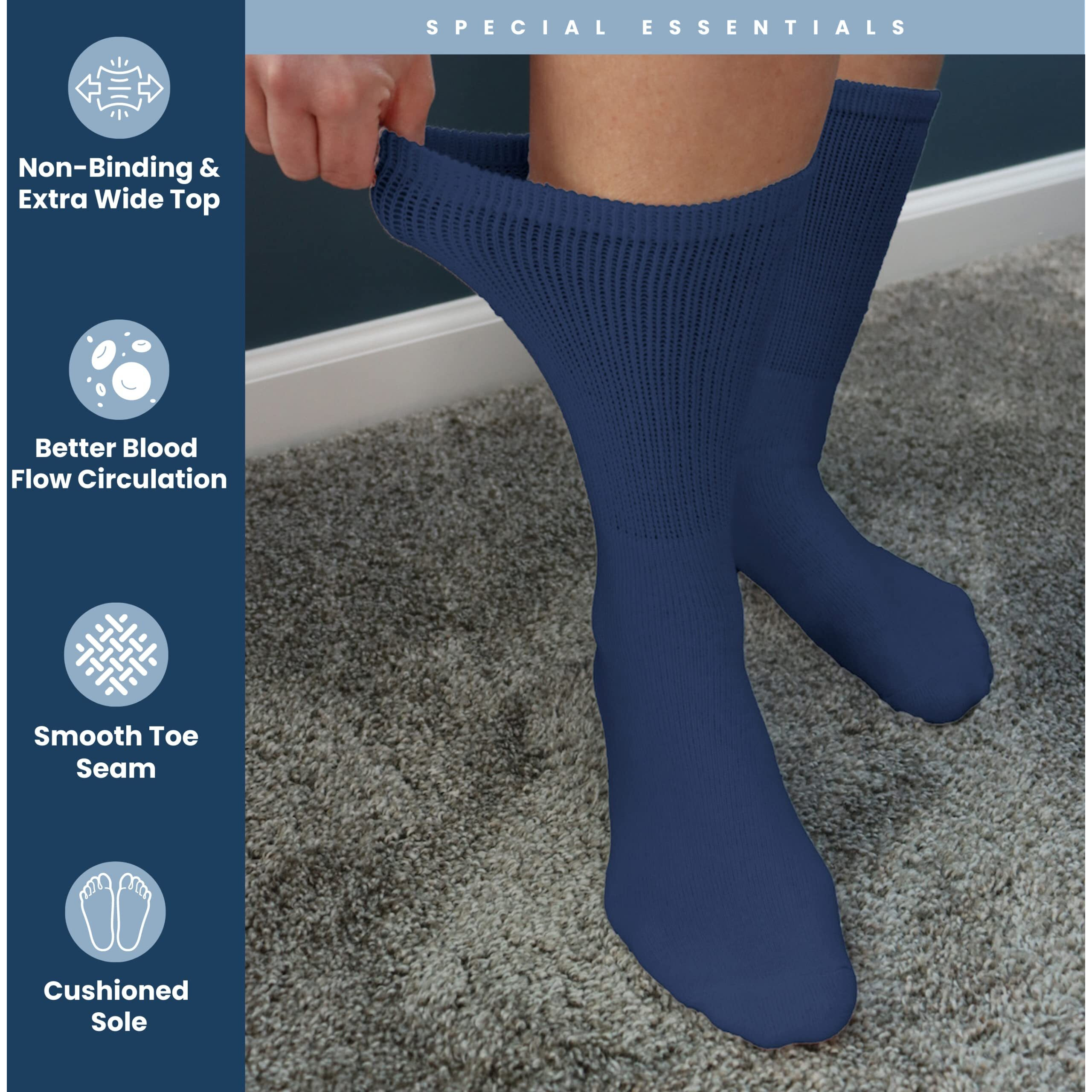 Special Essentials 12 Pairs Cotton Diabetic Socks For Men & Women - Non-Binding Extra Wide Top Neuropathy Socks - Crew Socks Navy 10-13