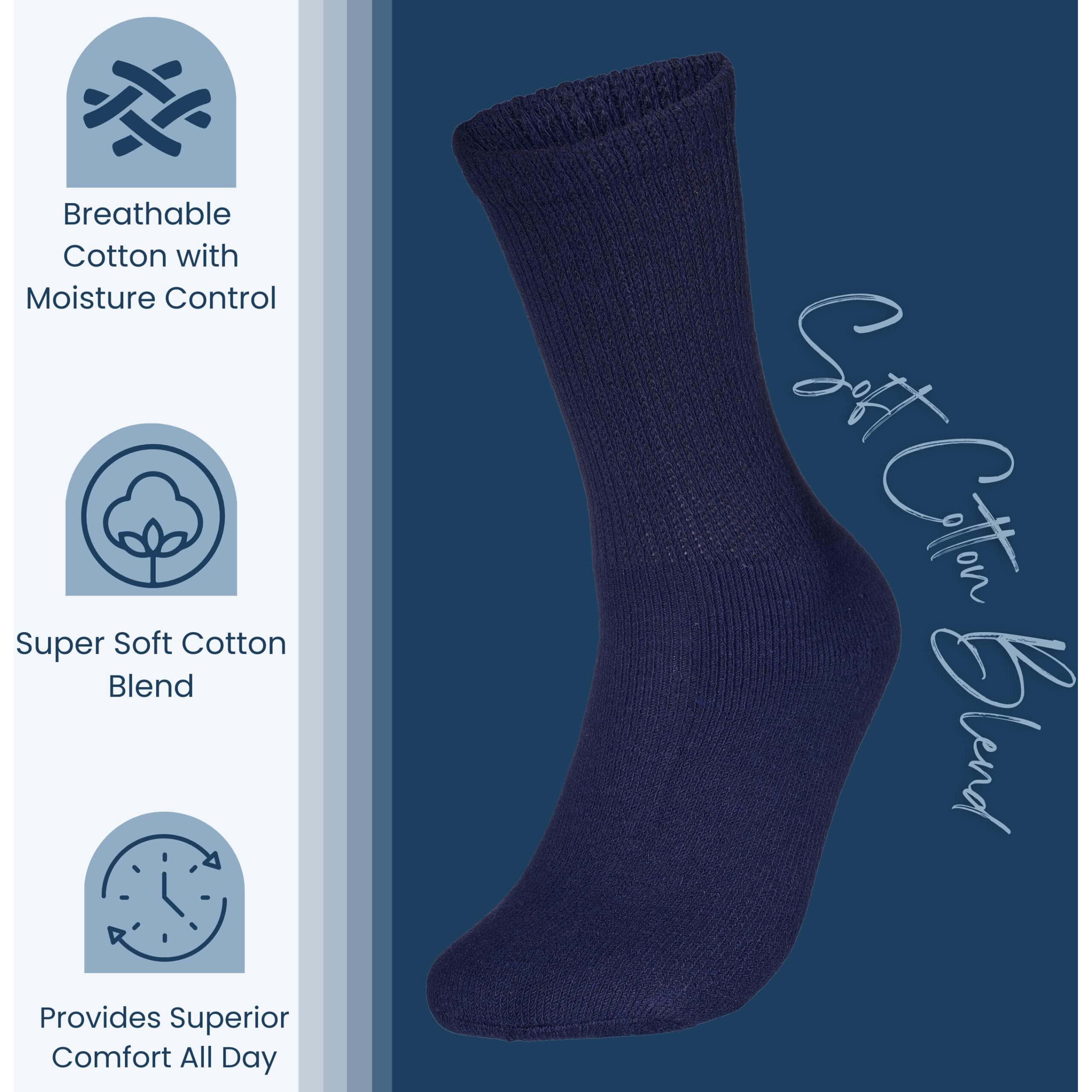 Special Essentials 12 Pairs Cotton Diabetic Socks For Men & Women - Non-Binding Extra Wide Top Neuropathy Socks - Crew Socks Navy 10-13