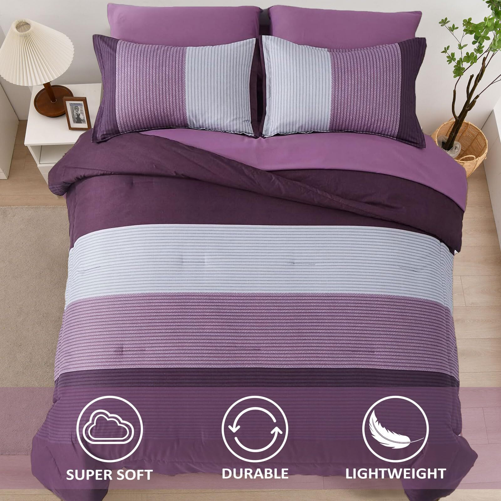 Wongs Bedding Purple Comforter Set Queen, Reversible Purple Striped Patchwork Alternative Comforte Set For Queen Bed,3 Pieces(1 Comforter+2 Pillowcases), Soft Microfiber Bedding Set 90     90