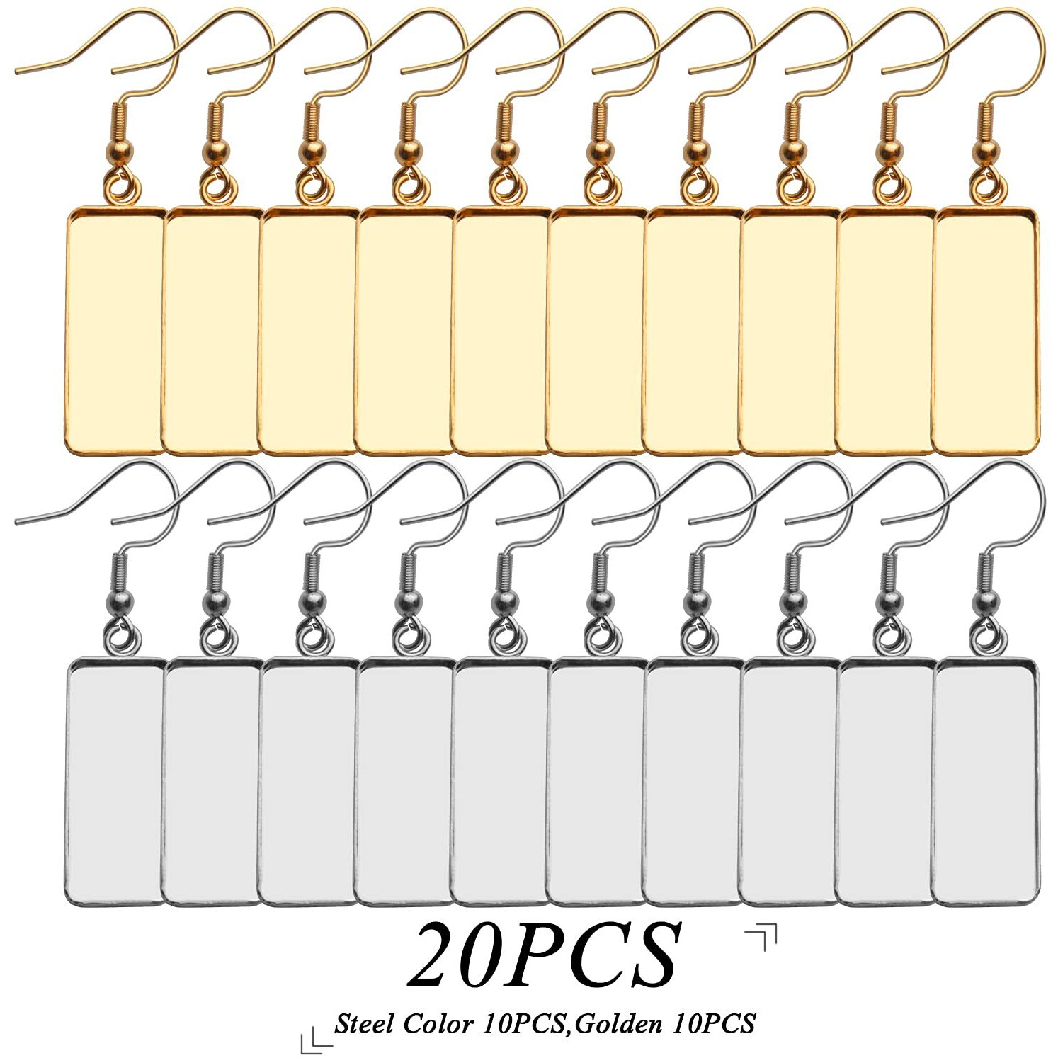 Hook Earring Trays,20Pcs Silver And Golden Wire Earring Blanks Hypoallergenic Earring Hooks Bezel Trays Stainless Steel Rectangular Cabochon Earring Base Fit 25X10Mm Cabochons