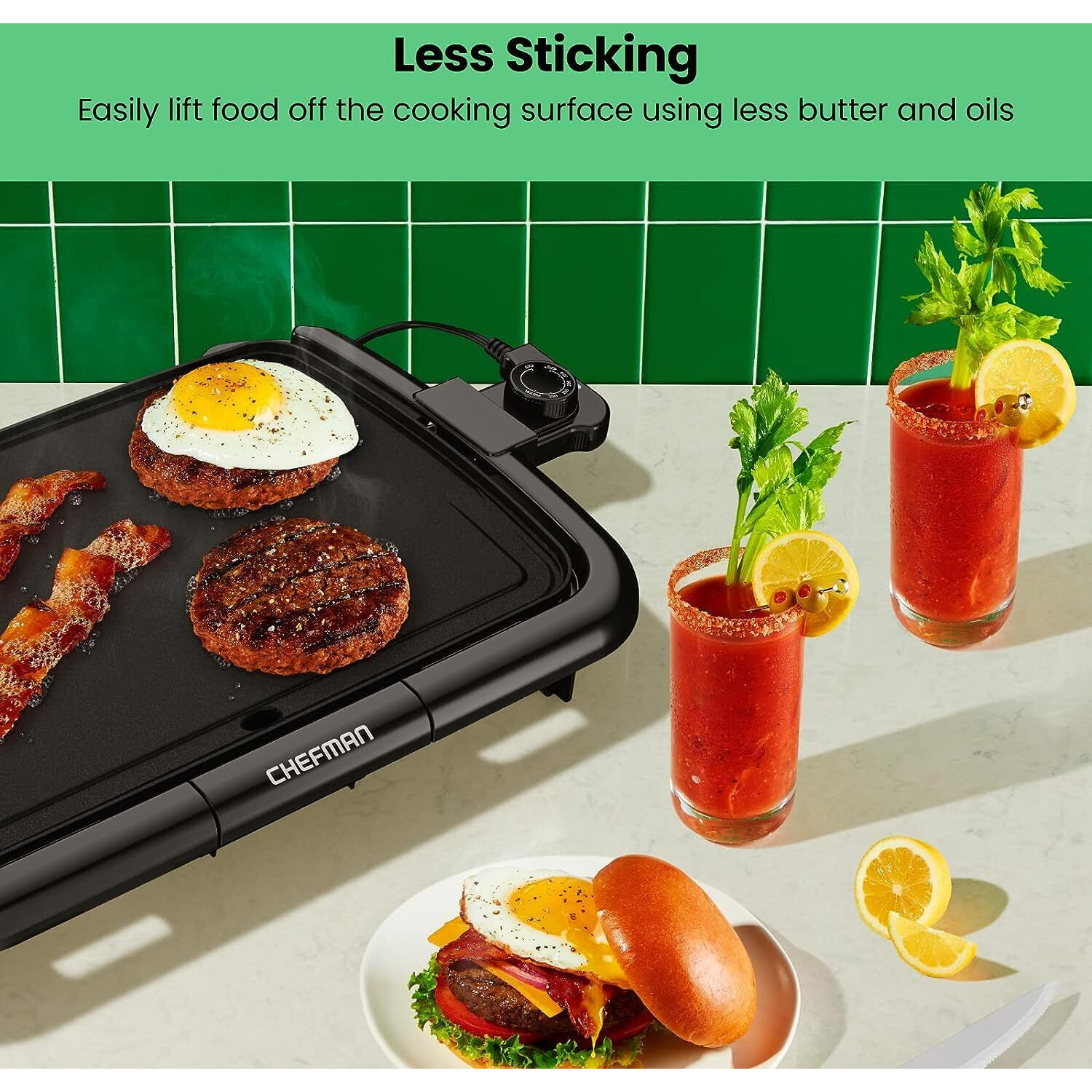 Chefman Electric Griddle With Removable Temperature Control, Immersible Flat Top Grill, Burger, Eggs, Pancake Griddle, Nonstick Easy Clean Cooking Surface, Slide Out Drip Tray, 10 X 16 Inch