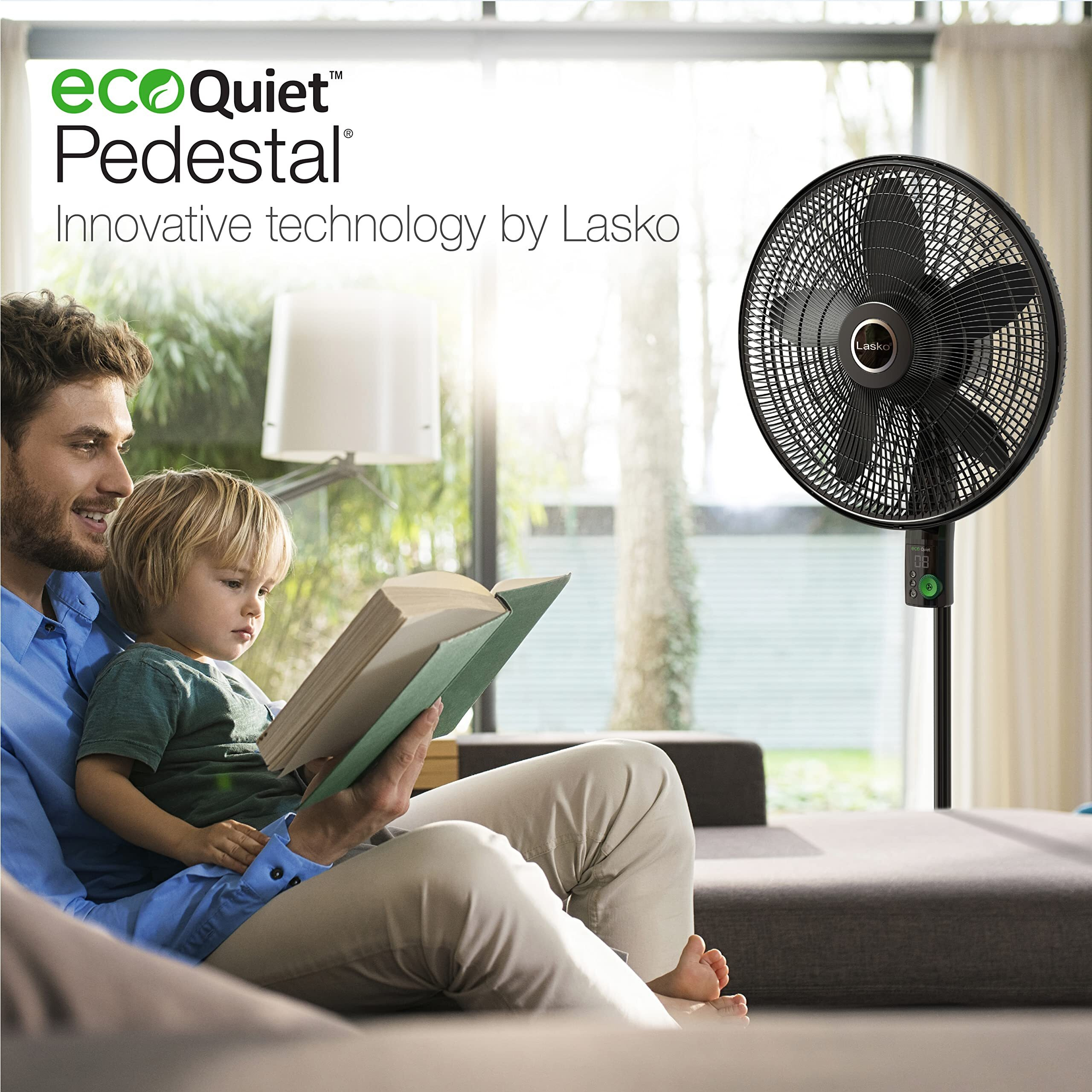 Lasko Oscillating 18-Inch Ecoquiet Dc Motor 12-Speed Pedestal Fan With Remote Control, Black, S18708, Large
