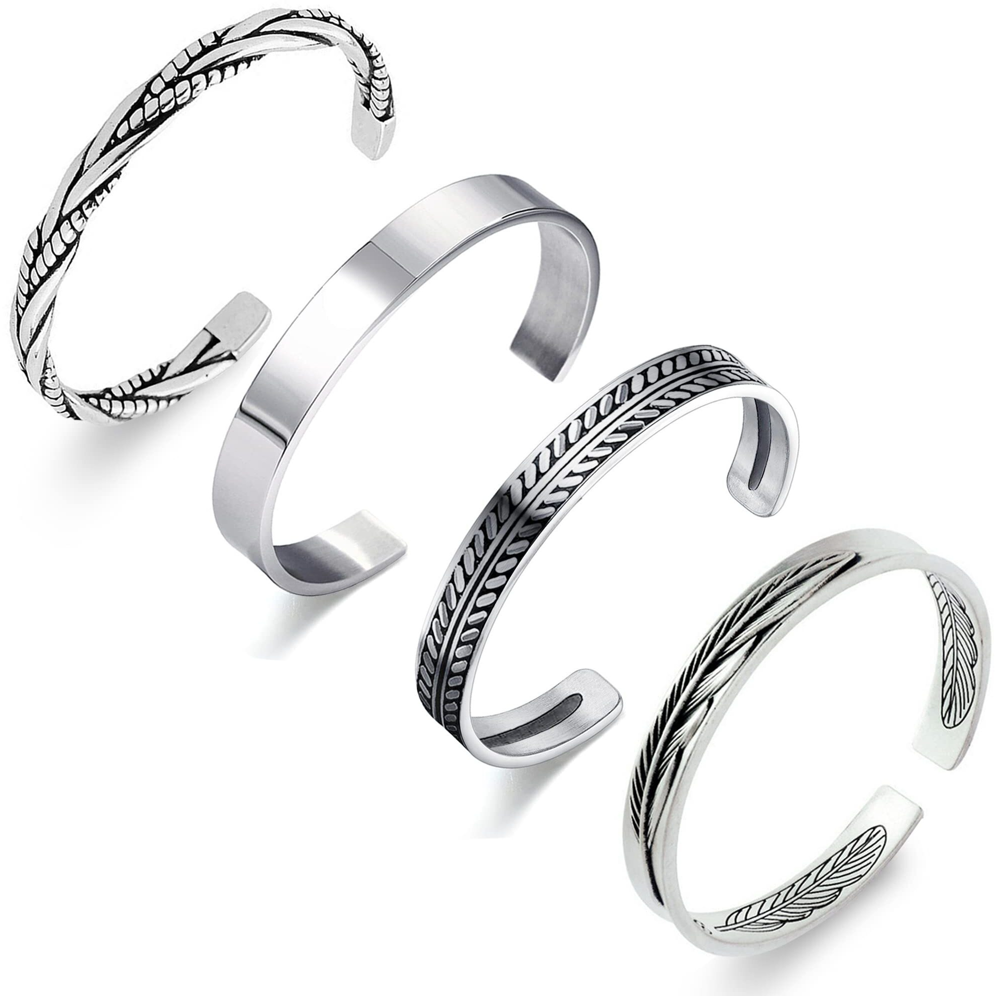 Rioso 4Pcs Men's Cuff Bracelets Silver Cuff Bracelet Leaves Pattern Twisted Open Cuff Bracelet