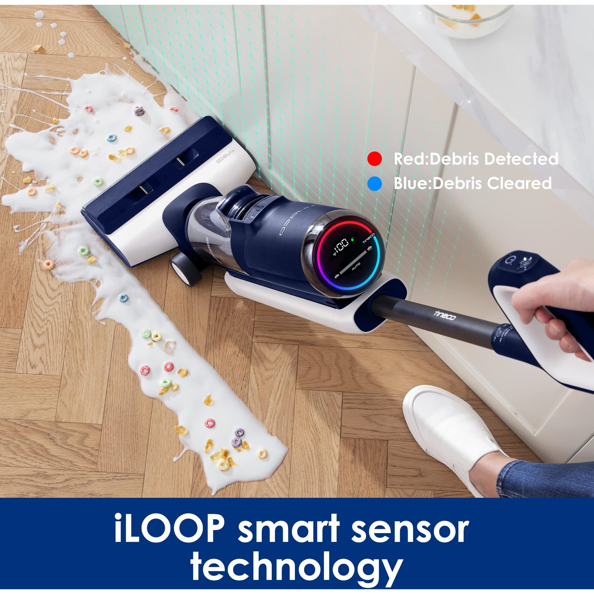 Tineco Floor One S5 Smart Cordless Wet Dry Vacuum Cleaner And Mop For Hard Floors, Digital Display, Long Run Time, Great For Sticky Messes And Pet Hair, Space-Saving Design, Blue
