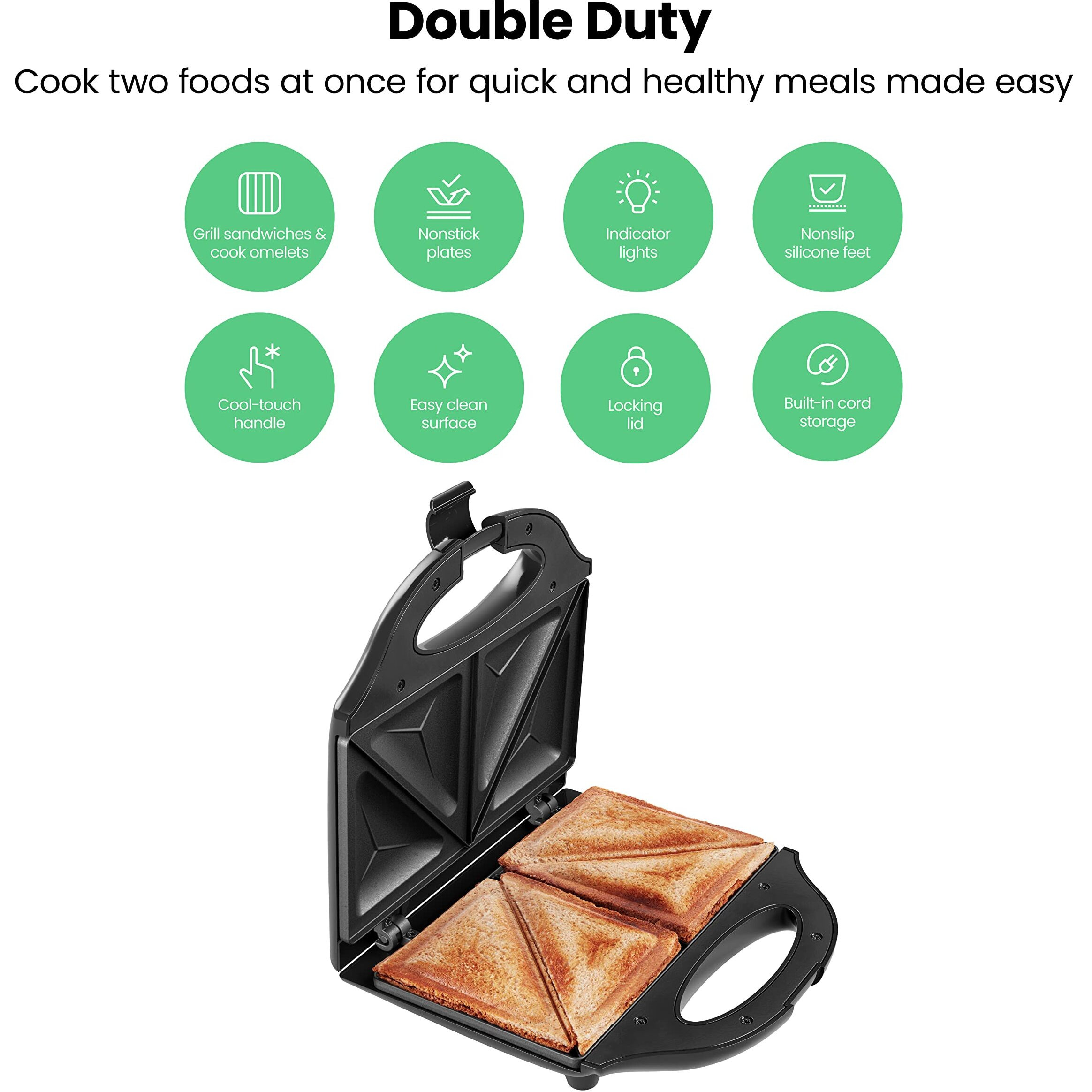 Chefman Portable Sandwich Maker, Compact, Nonstick, Electric Omelet Maker, Panini Press, Pocket Sandwich Press, And Quesadilla Maker, With Indicator Lights, Locking Lid, And Cord Storage