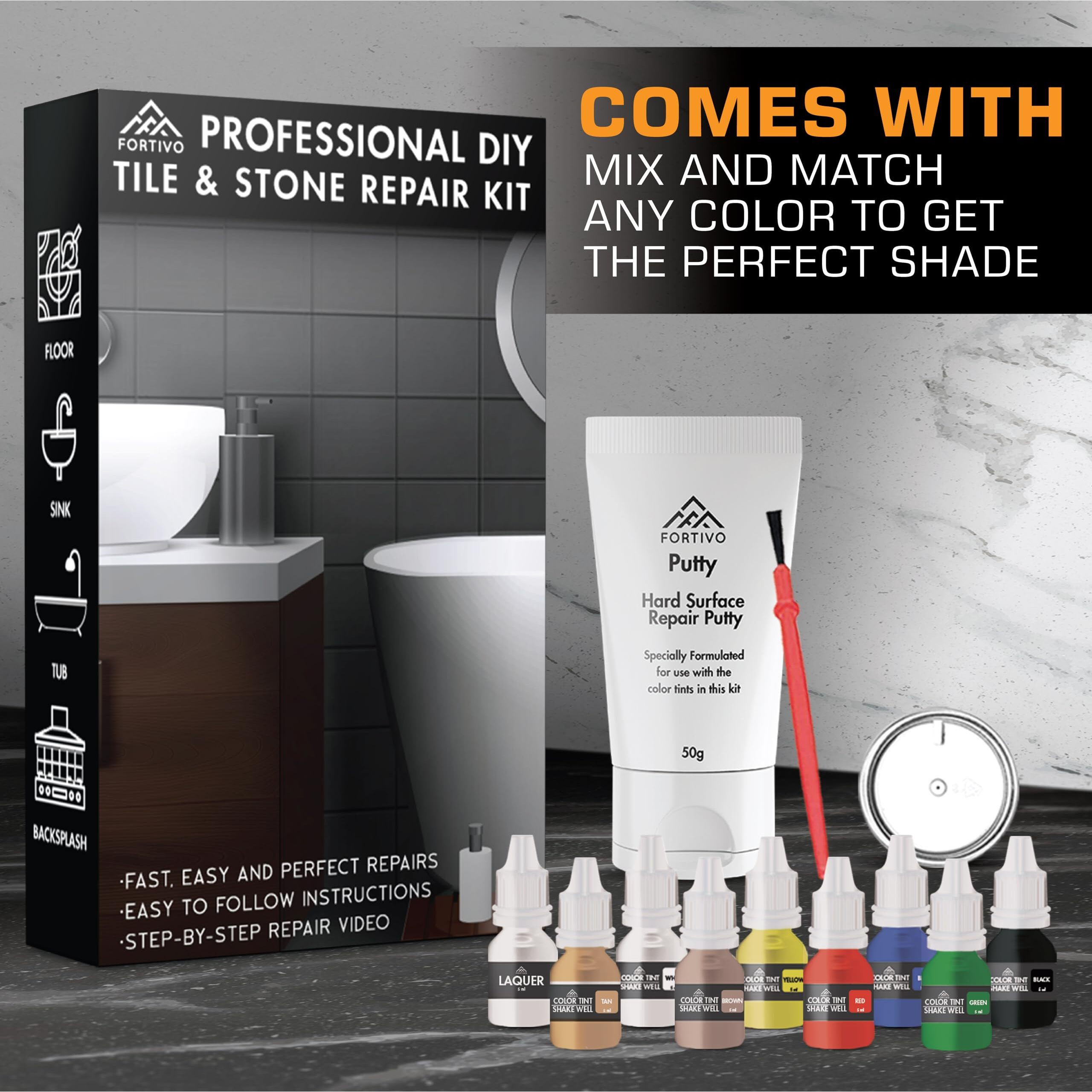 Porcelain Repair Kit - Tile Stone Repair Kit, Marble Repair Kit, Tub And Tile Refinishing Kit, Crack Chip Ceramic Floor, Shower Tile Gap Filler & Bathtub Repair Kit, Granite Filler Repair