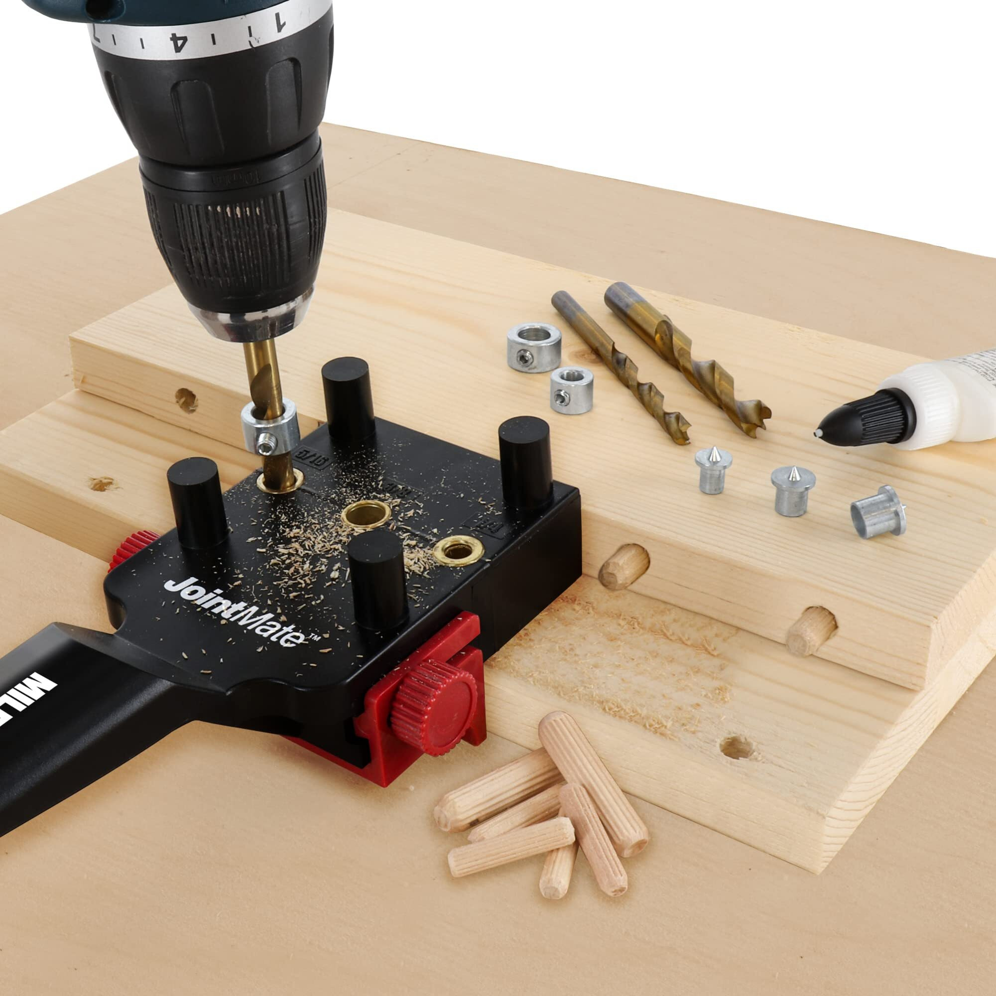 Milescraft 1333 Dowel Jig Kit - New, Improved, Self-Centering Handheld Dowel Jig With 3 Metal Bushing Sizes (1/4In, 5/16In, 3/8In) - Complete Doweling Jig Kit With All Accessories