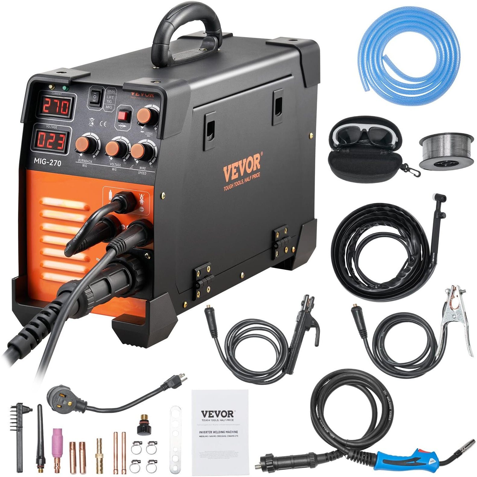 Vevor Mig Welder, 3 In 1 270 Amp Welding Machine, 110 220V Mig Tig Arc Welder, Portable Tig Welder Lift Arc Welder With Igbt Dc Inverter, Lcd Digital Display, Welder Torch And Welding Wire