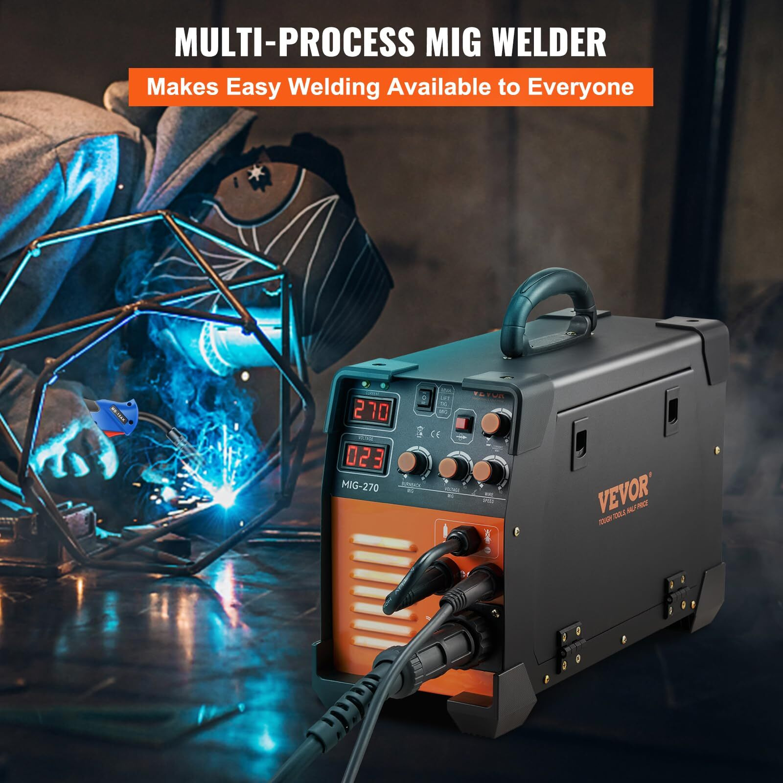 Vevor Mig Welder, 3 In 1 270 Amp Welding Machine, 110 220V Mig Tig Arc Welder, Portable Tig Welder Lift Arc Welder With Igbt Dc Inverter, Lcd Digital Display, Welder Torch And Welding Wire