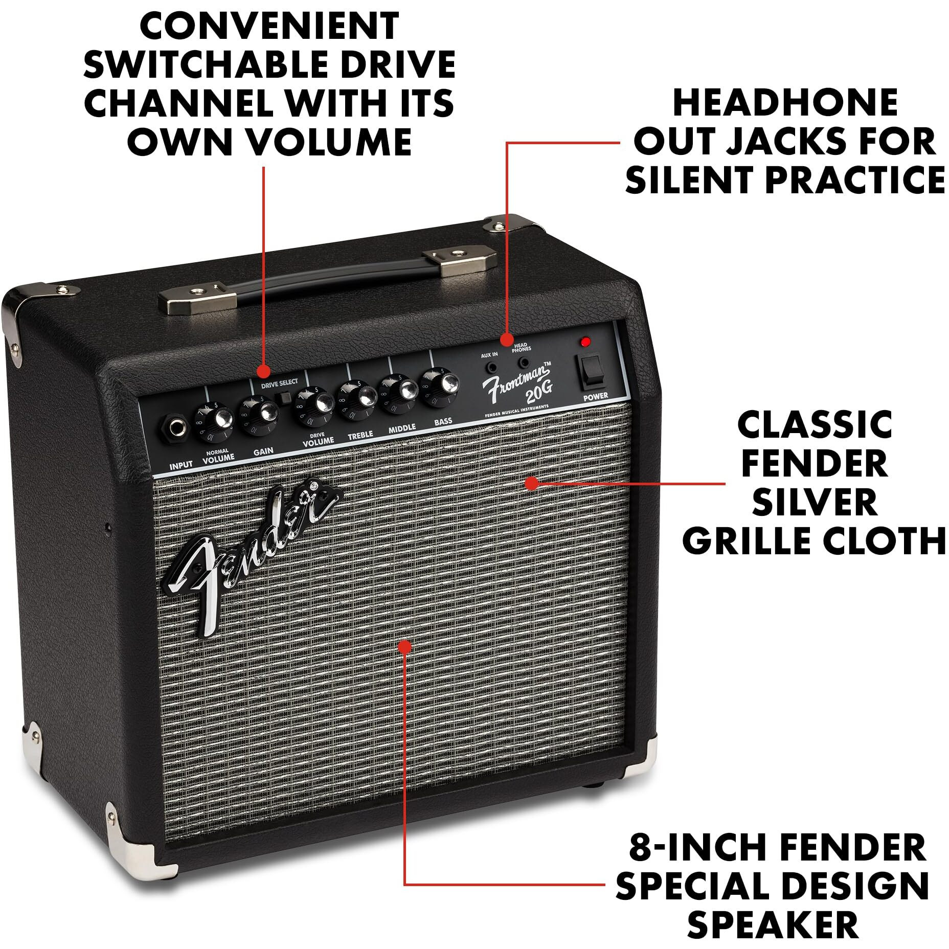 Fender Frontman 20G Guitar Amp, 20 Watts, With 2-Year Warranty 6 Inch Fender Special Design Speaker, 10X16X16 Inches