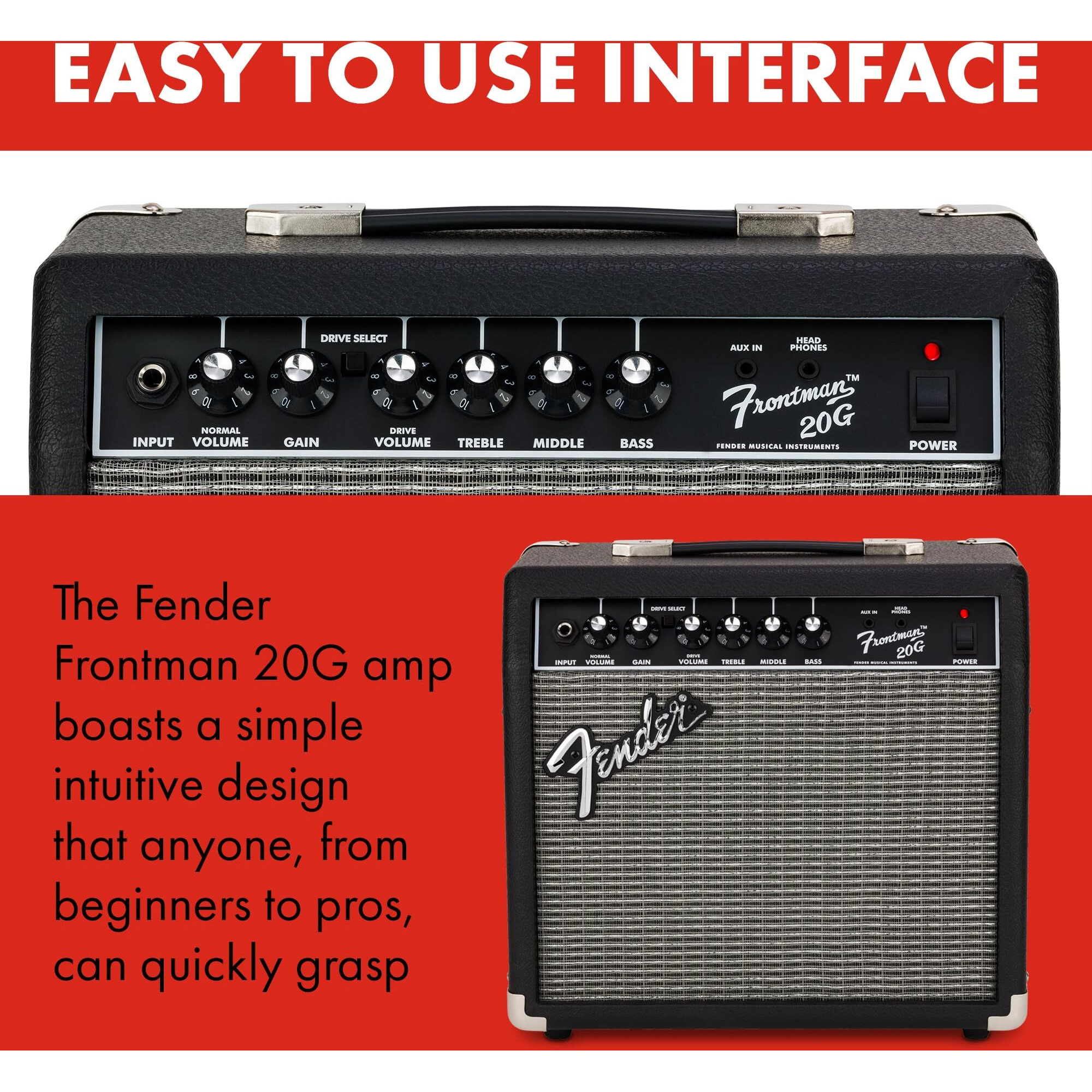 Fender Frontman 20G Guitar Amp, 20 Watts, With 2-Year Warranty 6 Inch Fender Special Design Speaker, 10X16X16 Inches