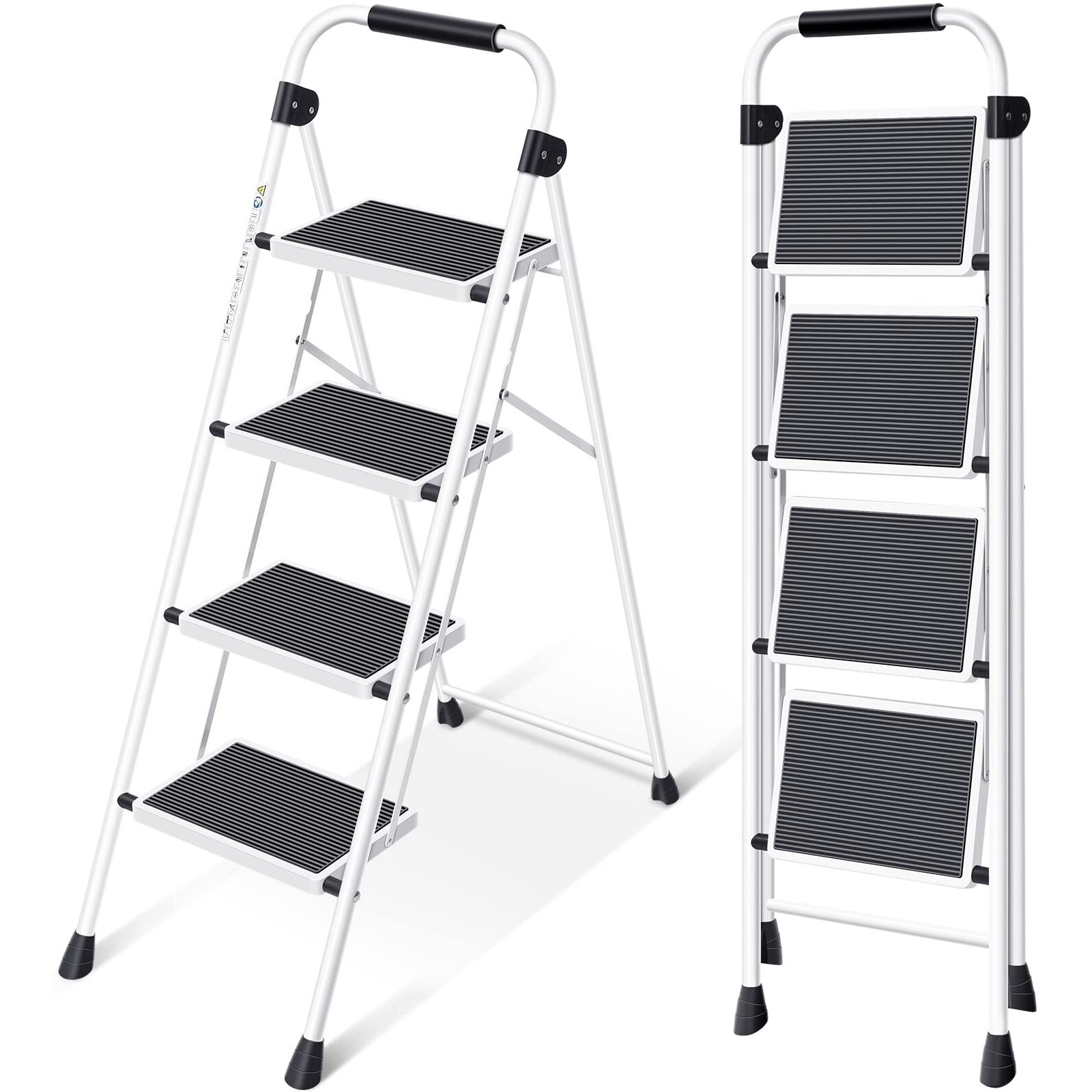 Kingrack Step Ladder 4 Step Folding Step Stool For Adults With Handrails Heavy Duty Steel Sturdy Lightweight Collapsible Portable Step Ladder With Anti-Slip Wide Pedal,White
