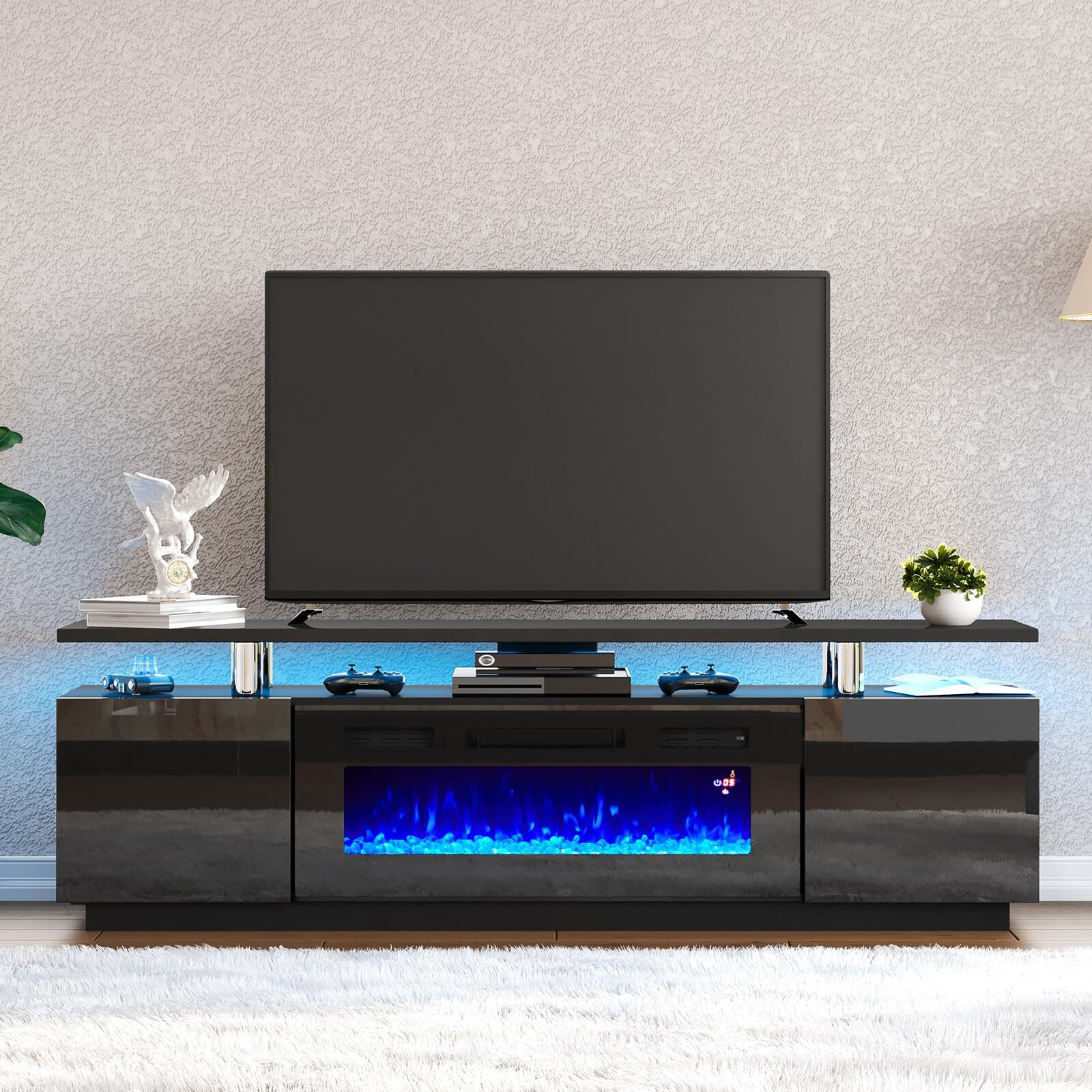 Amerlife Fireplace Tv Stand With 36"" Fireplace, 70"" Modern High Gloss Fireplace Entertainment Center Led Lights, 2 Tier Tv Console Cabinet For Tvs Up To 80"", Obsidian Black