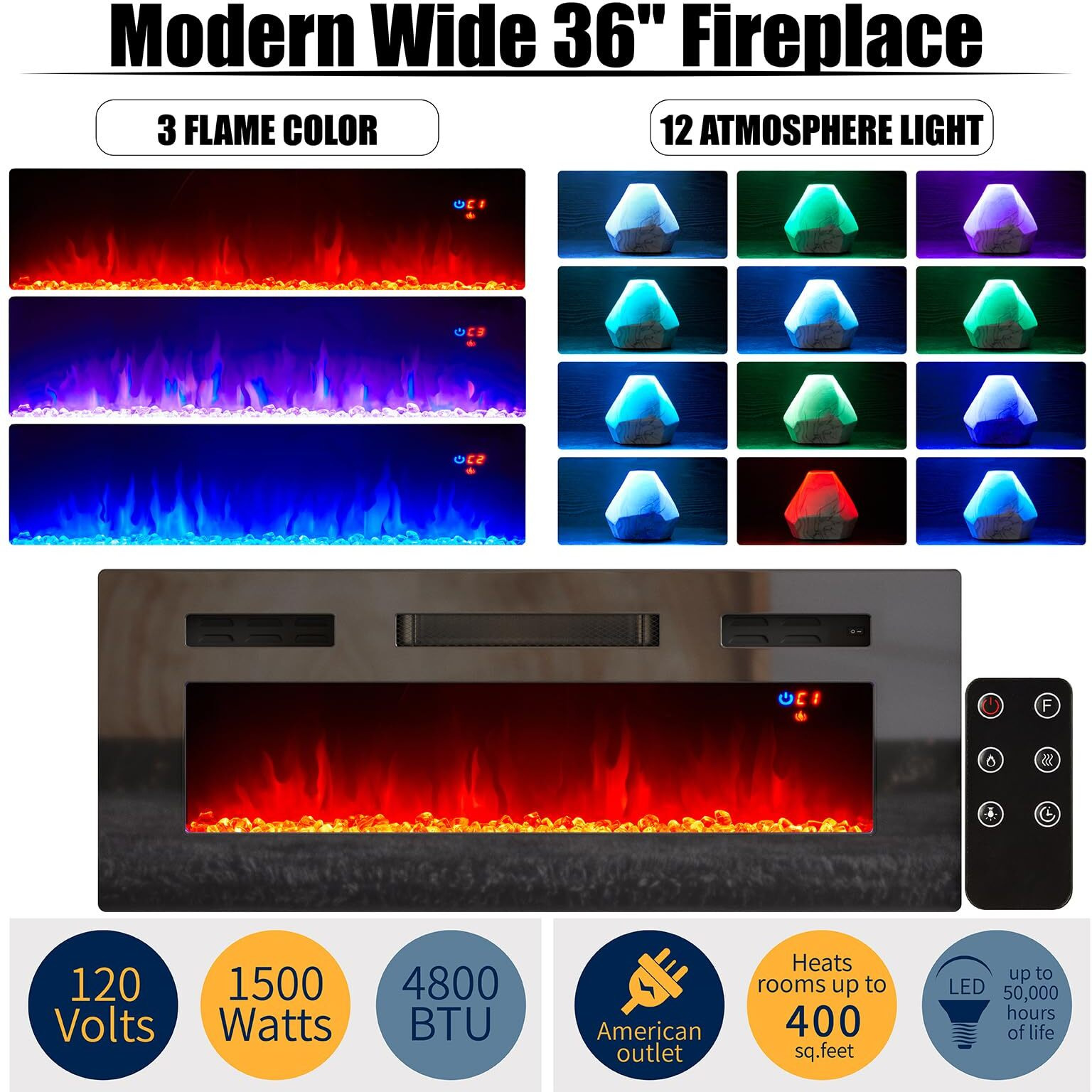 Amerlife Fireplace Tv Stand With 36"" Fireplace, 70"" Modern High Gloss Fireplace Entertainment Center Led Lights, 2 Tier Tv Console Cabinet For Tvs Up To 80"", Obsidian Black