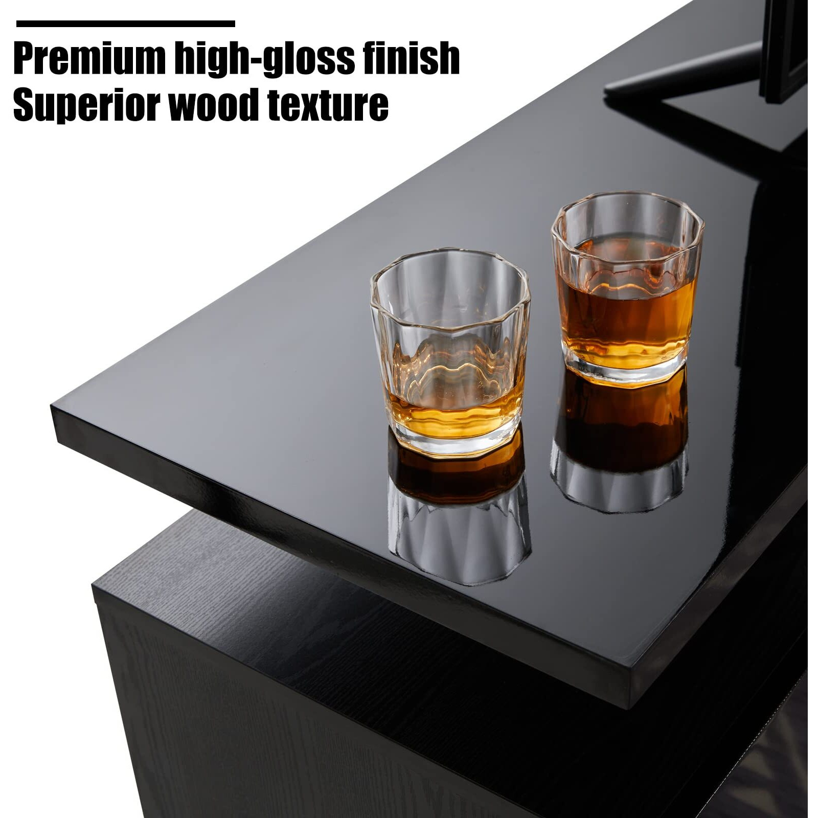 Amerlife Fireplace Tv Stand With 36"" Fireplace, 70"" Modern High Gloss Fireplace Entertainment Center Led Lights, 2 Tier Tv Console Cabinet For Tvs Up To 80"", Obsidian Black