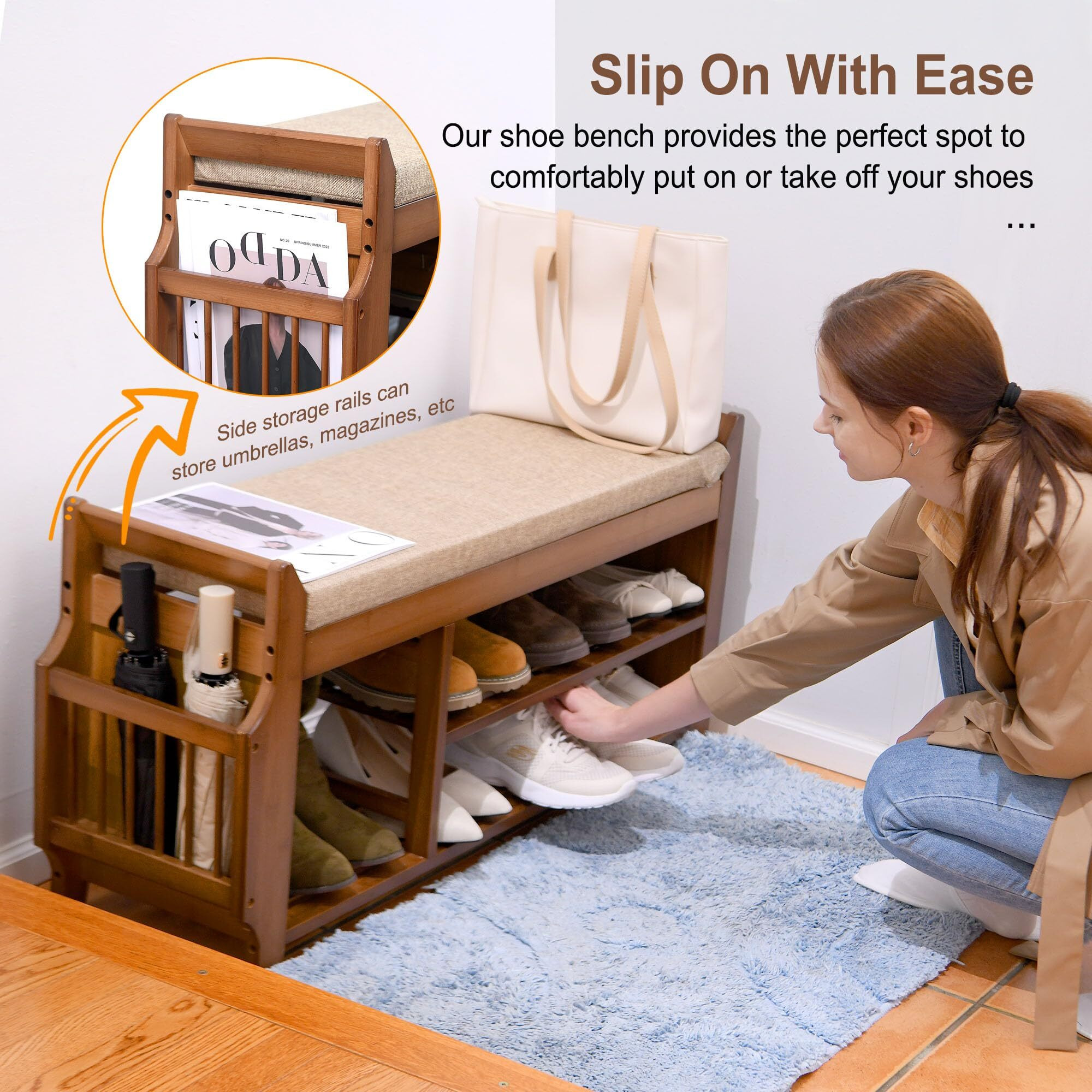 Petkaboo 2 Tier Shoe Bench, Shoe Rack With Hidden Drawer And Side Holder, Shoe Storage Bench Organizer For Entryway Hallway Living Room, Bamboo Material