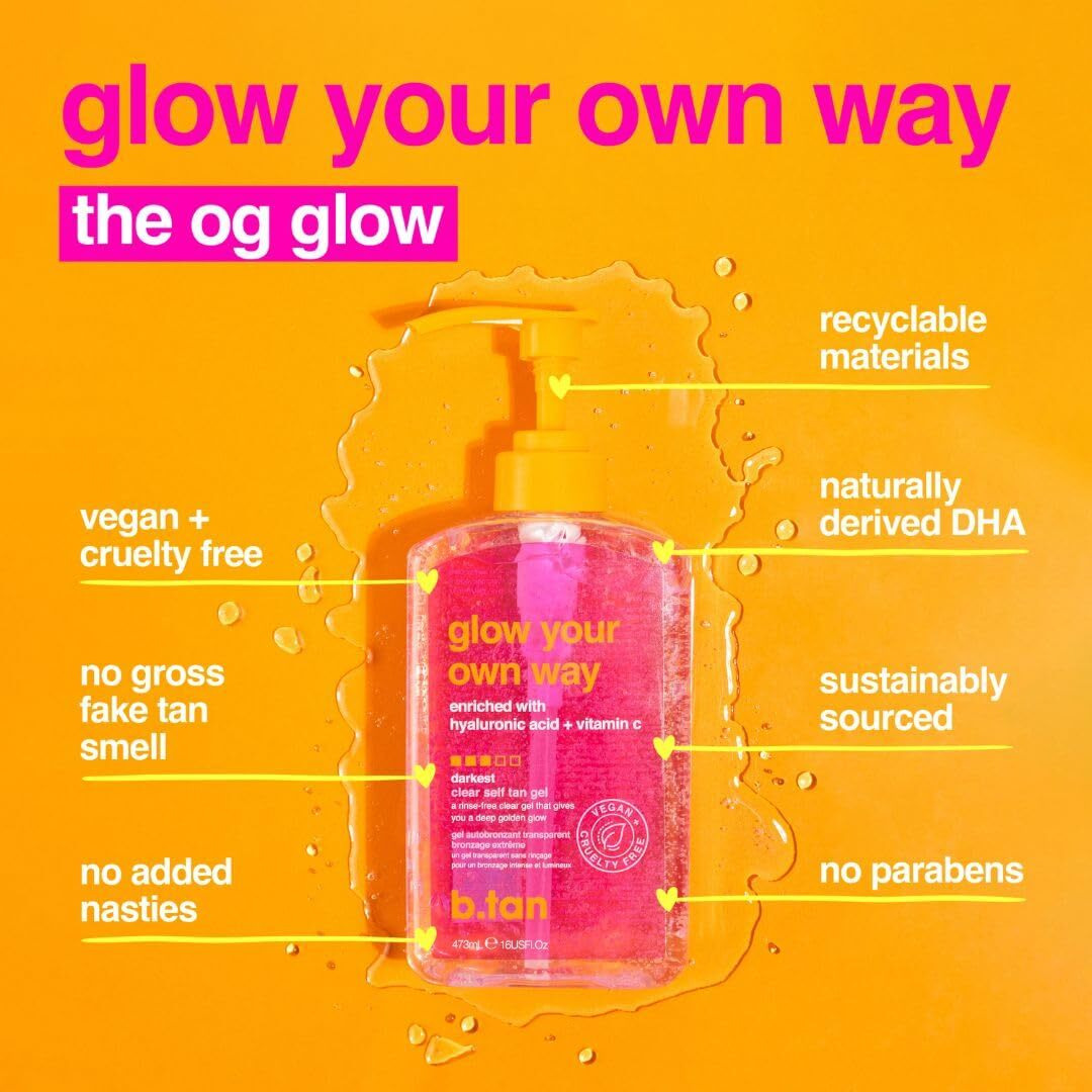B.Tan Best Clear Self Tanning Gel With Mitt | Glow Your Own Way Bundle - Quick Express Tanner Gel For Face And Body With Applicator, Transfer-Proof, 16 Fl Oz