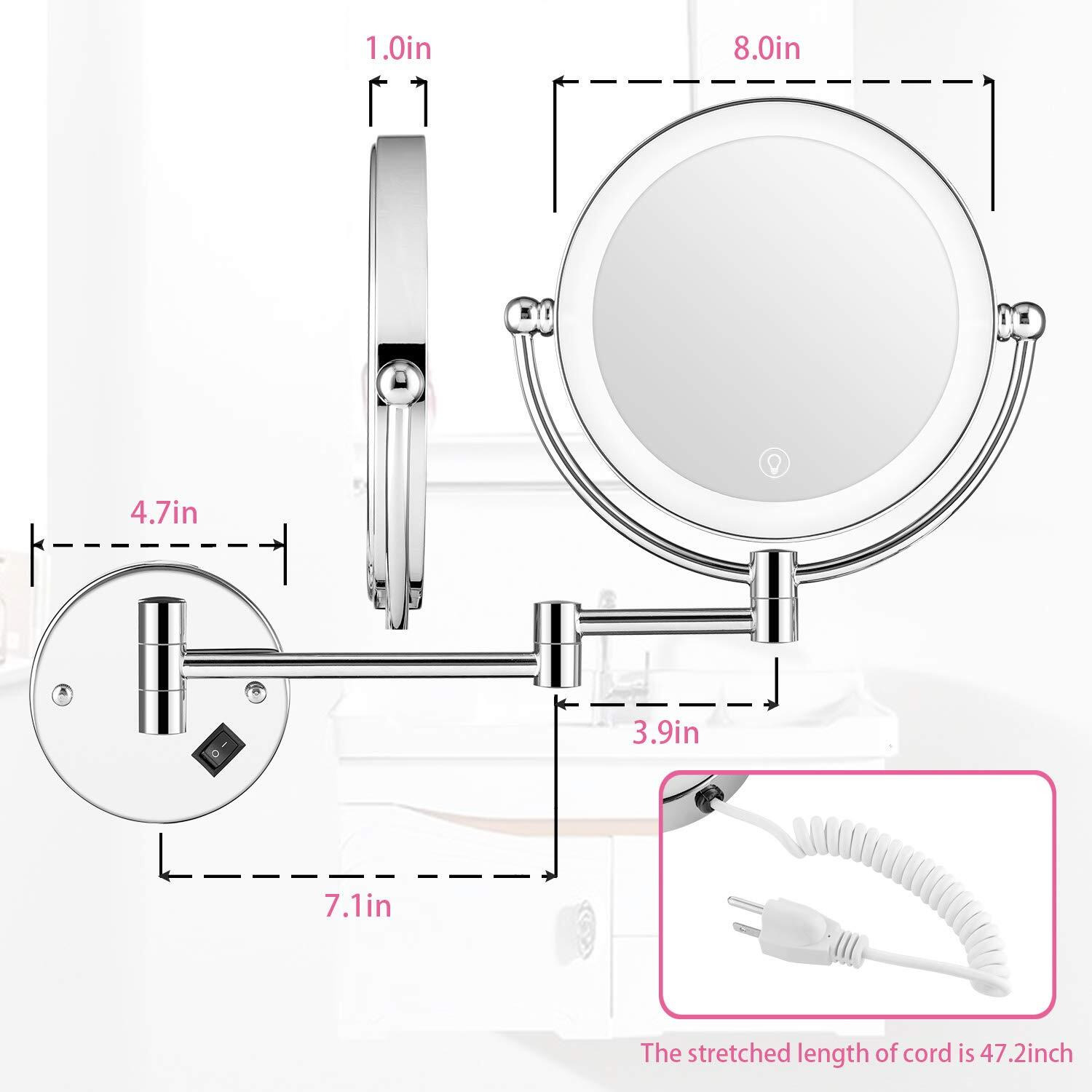 Amznevo Wall Mounted Lighted Makeup Mirror, 8 Inch Double-Sided 1X 5X Magnifying Mirror For Bathroom, 11'' Extendable Arm, 360 Swivel, Touch Dimmableled Lights, Powered By Plug In, Chrome