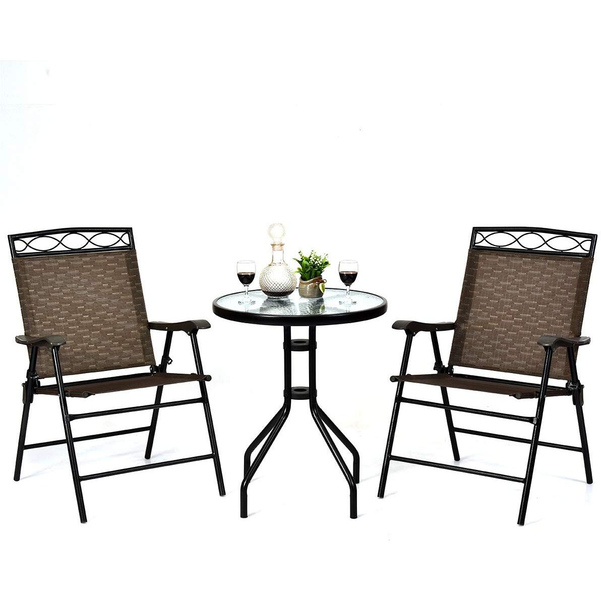 Giantex Patio Dining Set Round Glass Table With 2 Patio Folding Chairs, Outdoor Table And Chairs For Garden, Pool, Backyard, Tempered Glass Tabletop With Umbrella Hole (Brown)