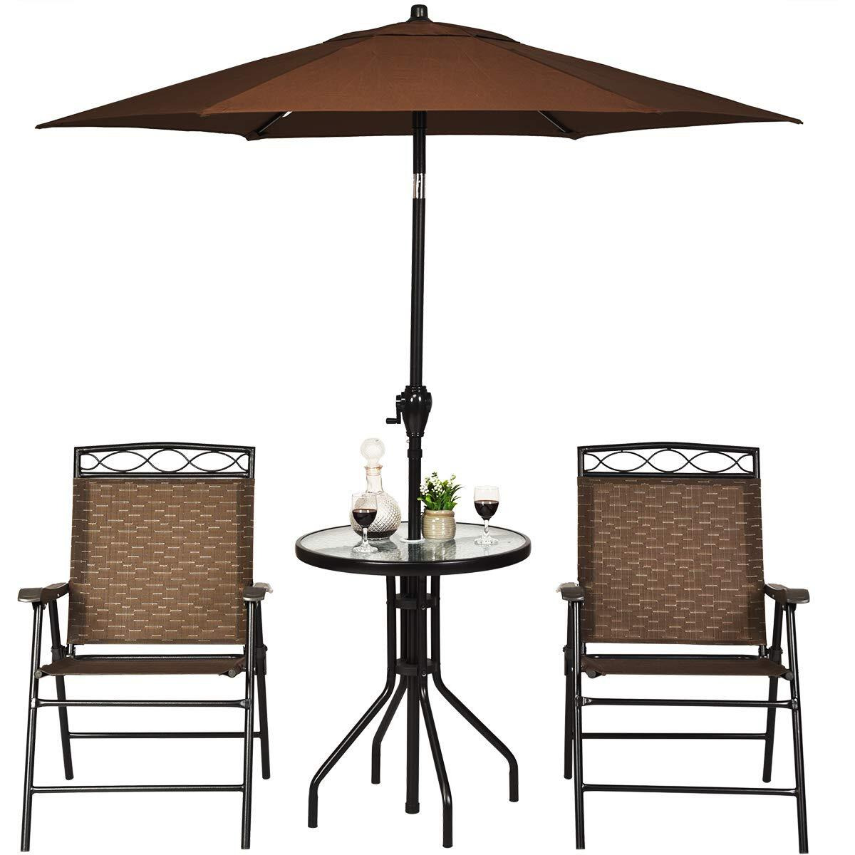 Giantex Patio Dining Set Round Glass Table With 2 Patio Folding Chairs, Outdoor Table And Chairs For Garden, Pool, Backyard, Tempered Glass Tabletop With Umbrella Hole (Brown)