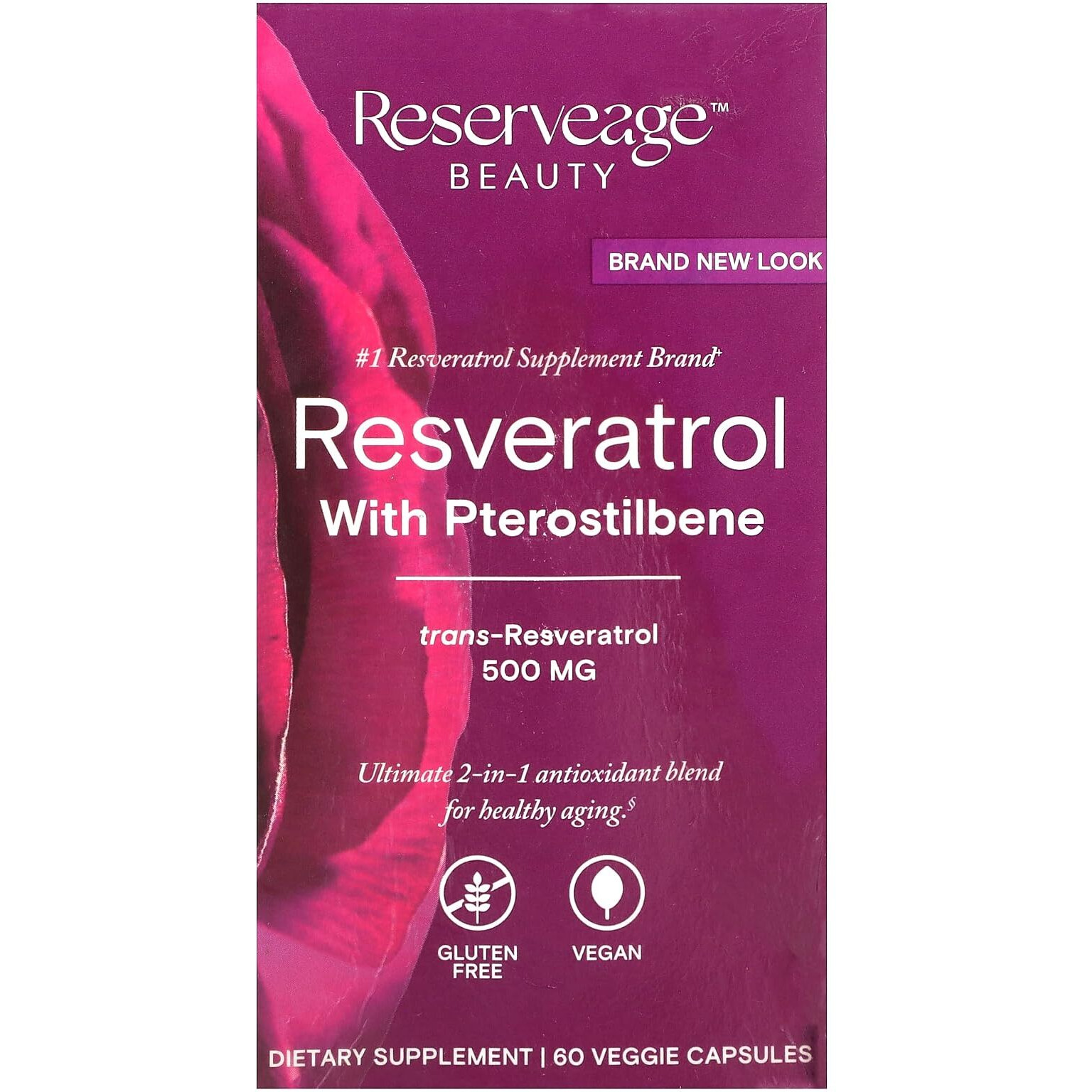 Reserveage Beauty, Resveratrol 500 Mg With Pterostilbene, Antioxidant Supplement For Immune Support & Heart Health, Supports Healthy Aging, Paleo, Keto, 60 Capsules (60 Servings)