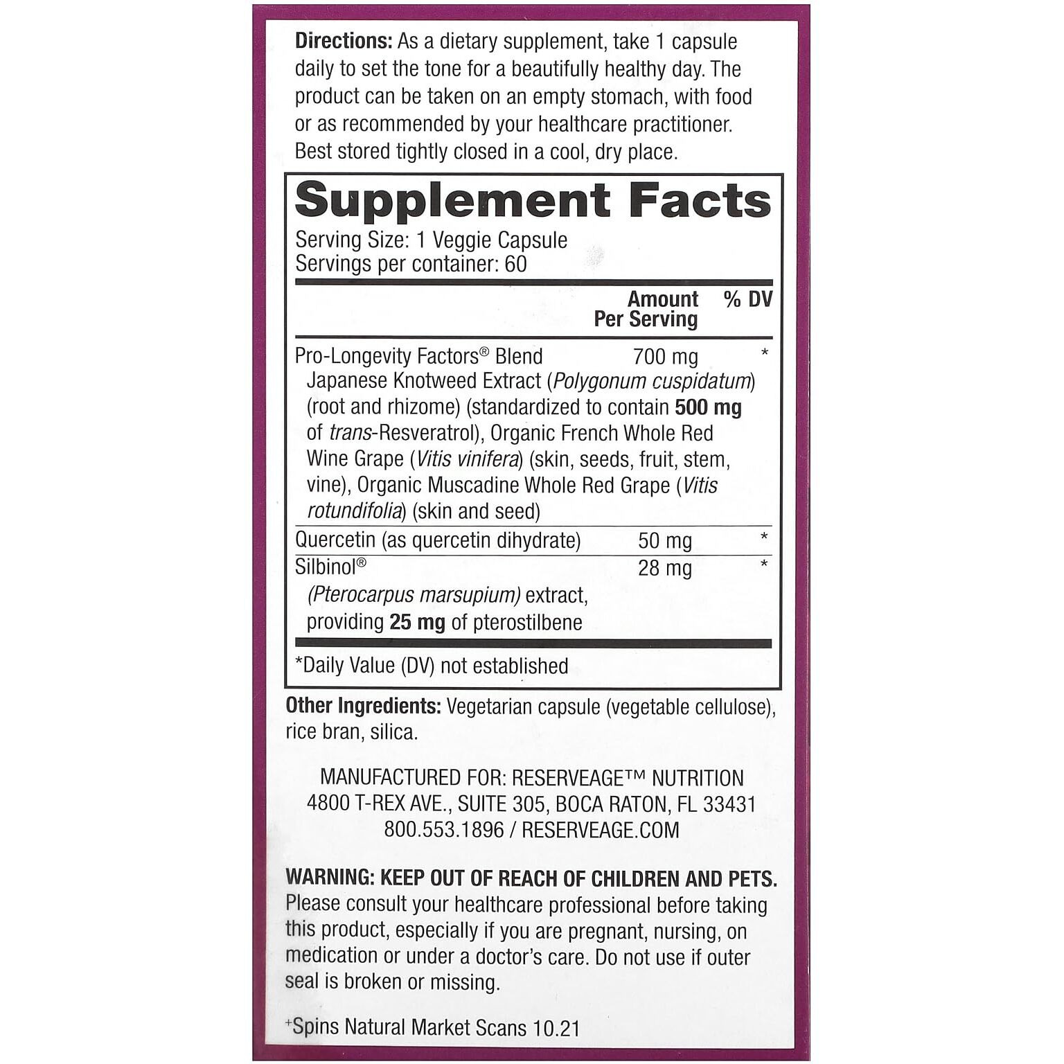 Reserveage Beauty, Resveratrol 500 Mg With Pterostilbene, Antioxidant Supplement For Immune Support & Heart Health, Supports Healthy Aging, Paleo, Keto, 60 Capsules (60 Servings)