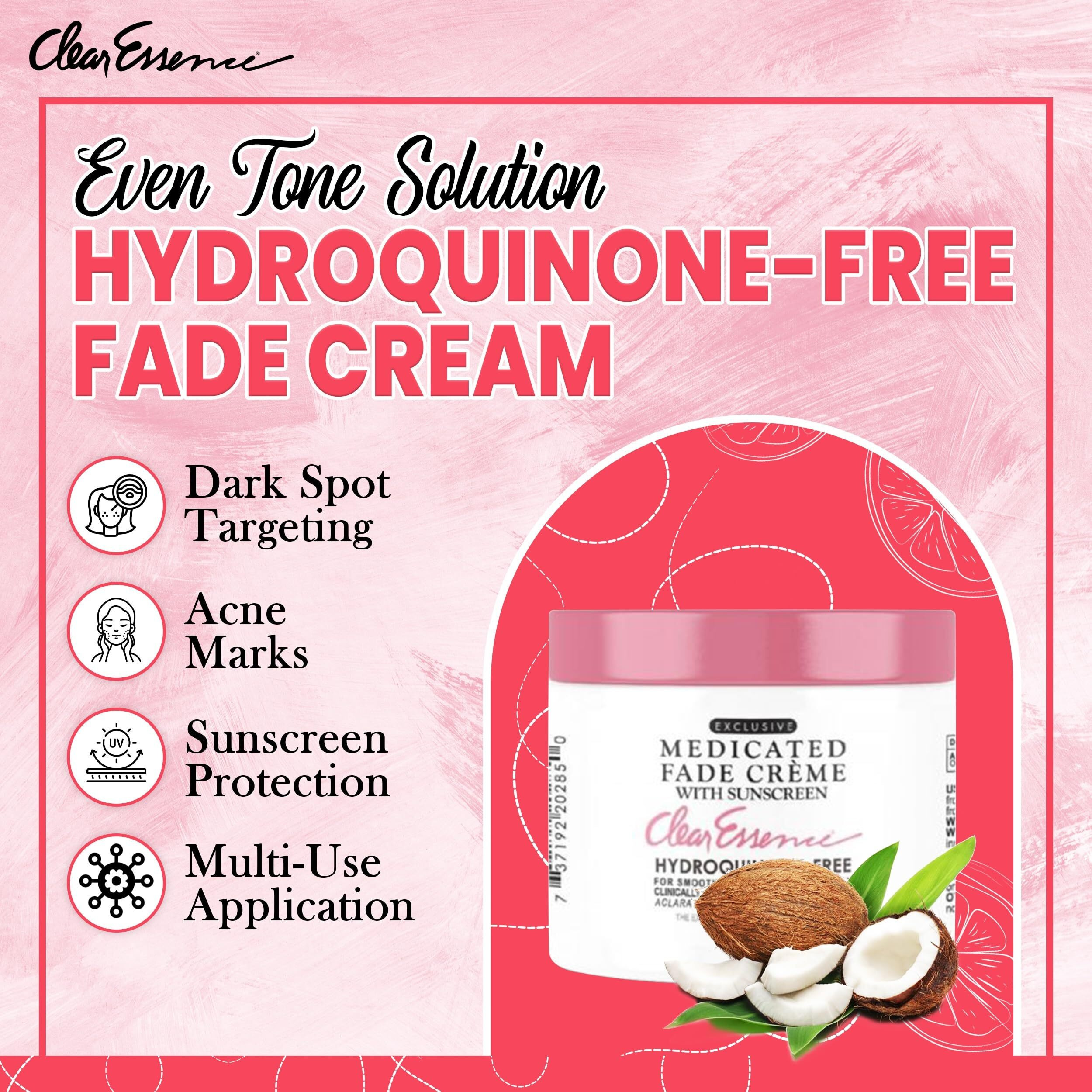 Clear Essence Exclusive Medicated Fade Creme With Sunscreen - Fade Cream For Dark Spots - Beauty Cream For Glowing Skin Complexion - Skin Care (4 Oz.)