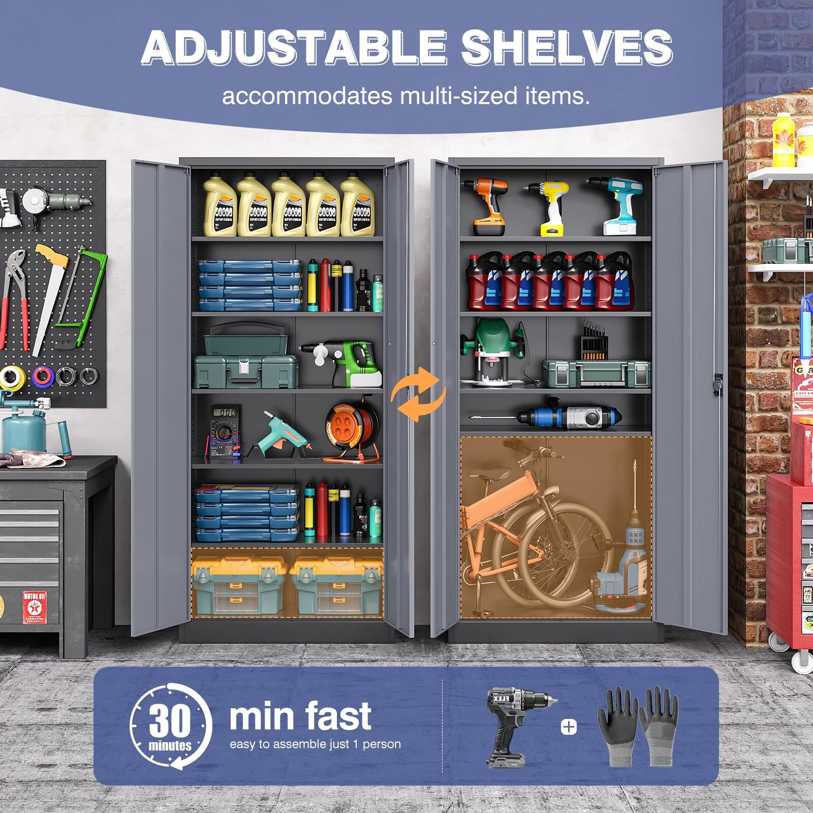 Lissimo Metal Garage Storage Cabinet,71 "" H Tall Tool Cabinet With 2 Doors And 5 Adjustbale Shelves,Lockable Tool Cabinet For Garage,Basement,Home Office