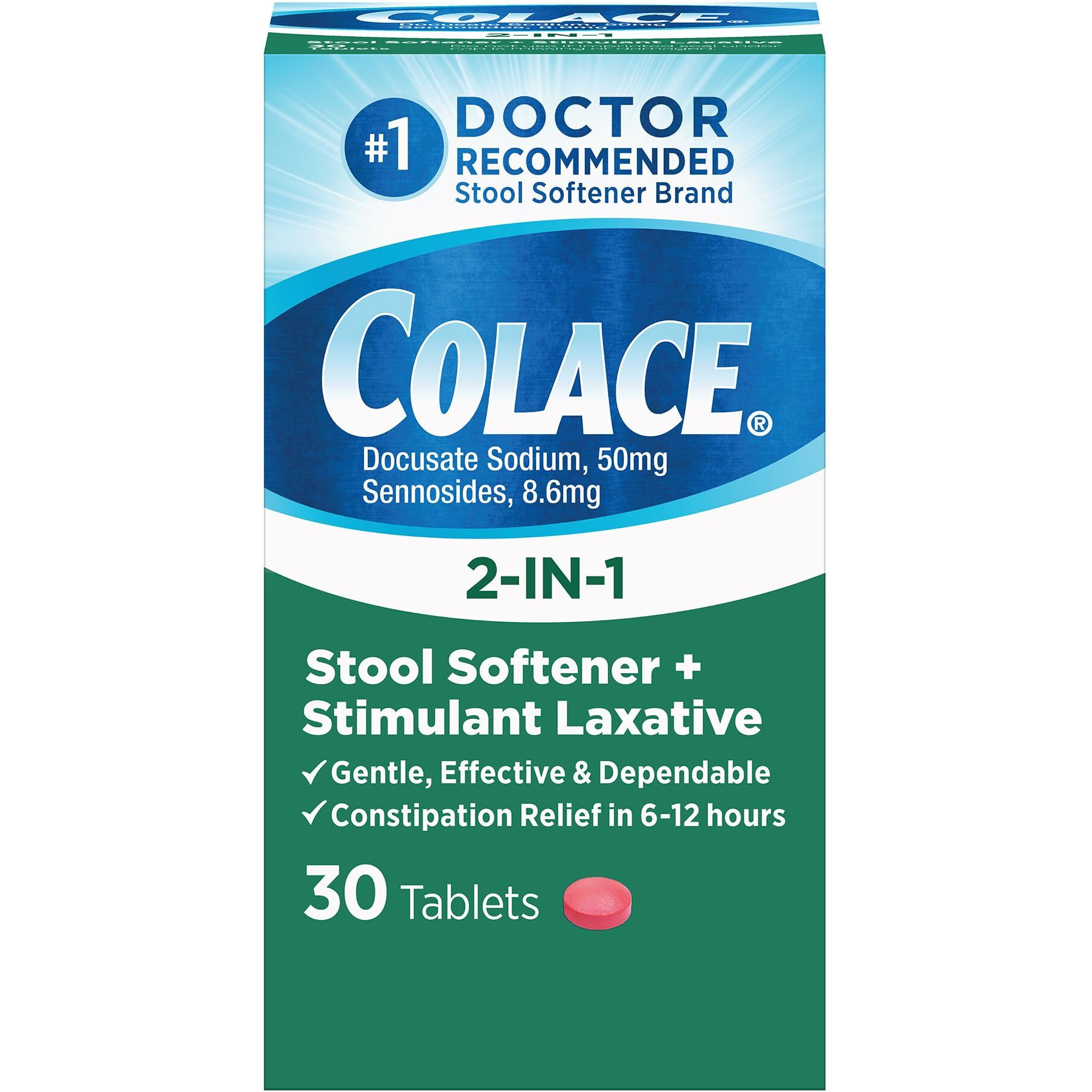 Colace 2-In-1 Stool Softener & Stimulant Laxative Tablets, Gentle Constipation Relief In 6-12 Hours, 30 Count