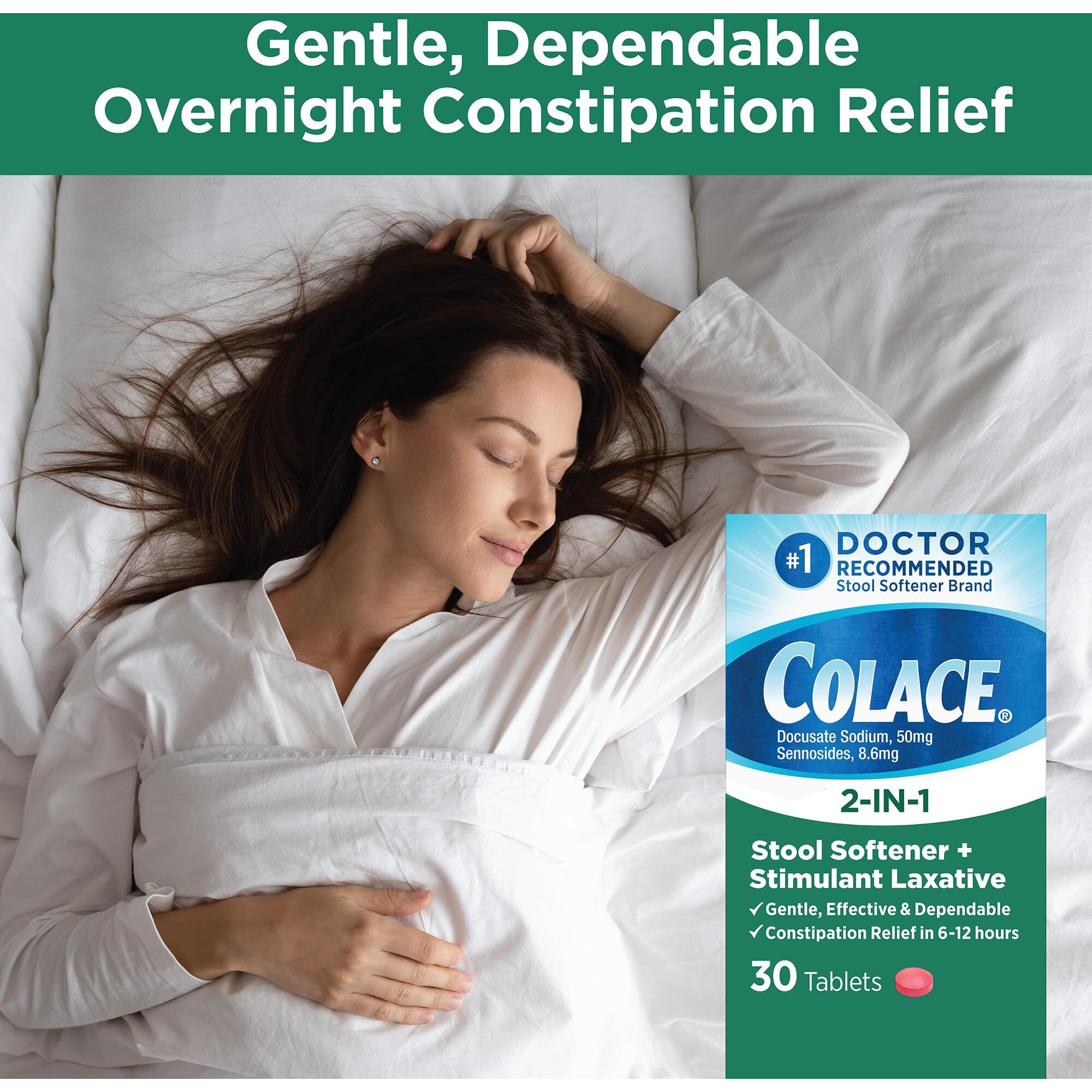 Colace 2-In-1 Stool Softener & Stimulant Laxative Tablets, Gentle Constipation Relief In 6-12 Hours, 30 Count