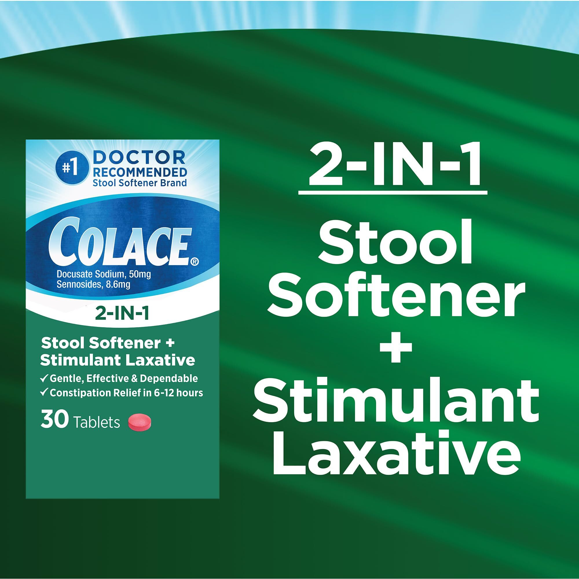 Colace 2-In-1 Stool Softener & Stimulant Laxative Tablets, Gentle Constipation Relief In 6-12 Hours, 30 Count