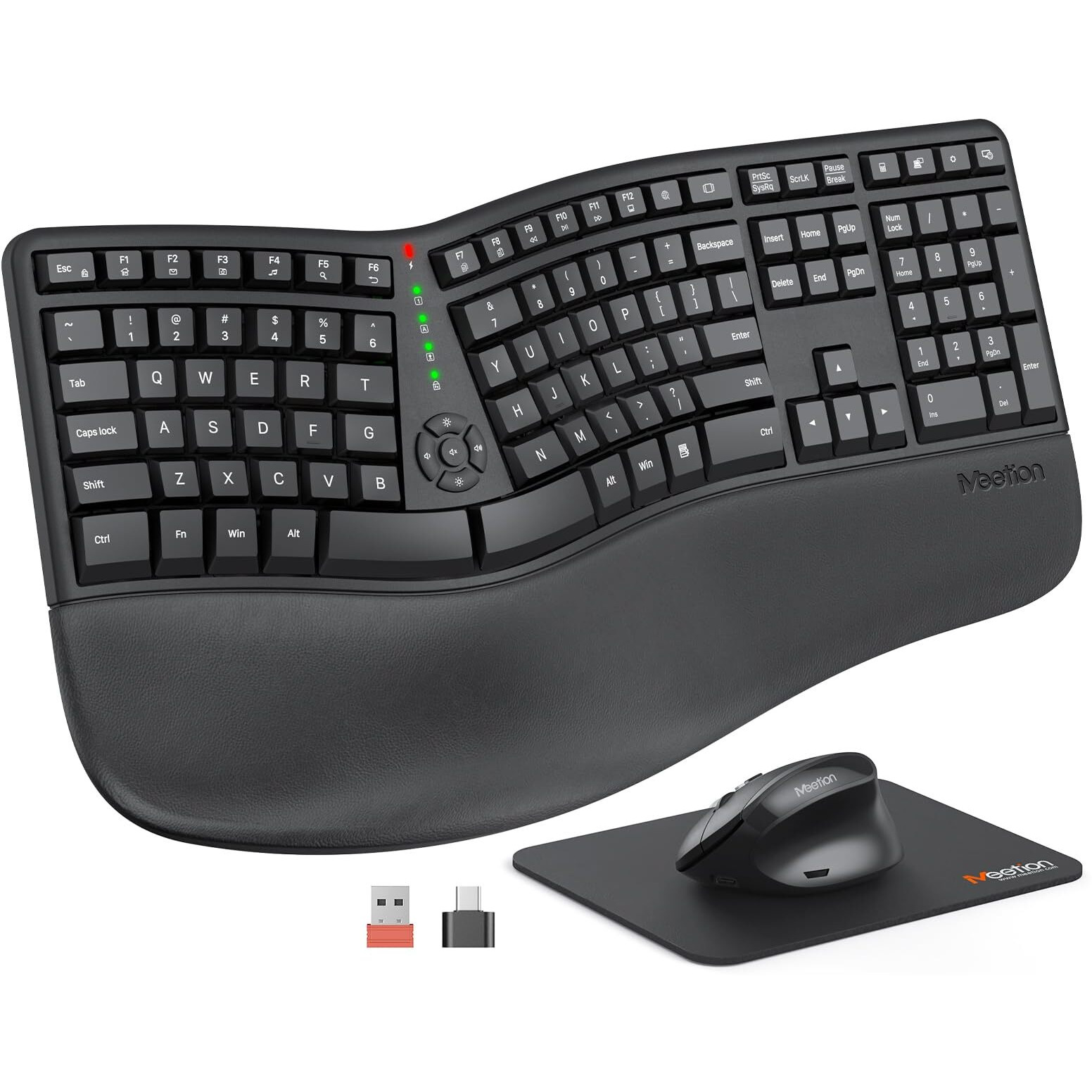 Meetion Ergonomic Wireless Keyboard And Mouse, Ergo Keyboard With Vertical Mouse, Split Keyboard With Cushioned Wrist, Palm Rest, Natural Typing, Rechargeable, Full Size, Windows/Mac/Computer/Laptop