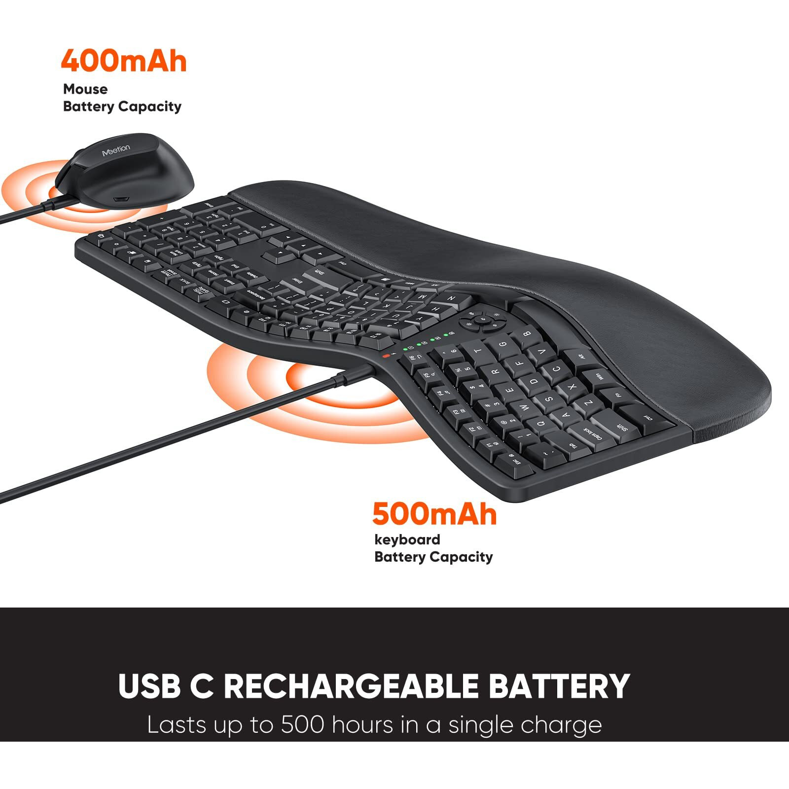 Meetion Ergonomic Wireless Keyboard And Mouse, Ergo Keyboard With Vertical Mouse, Split Keyboard With Cushioned Wrist, Palm Rest, Natural Typing, Rechargeable, Full Size, Windows/Mac/Computer/Laptop