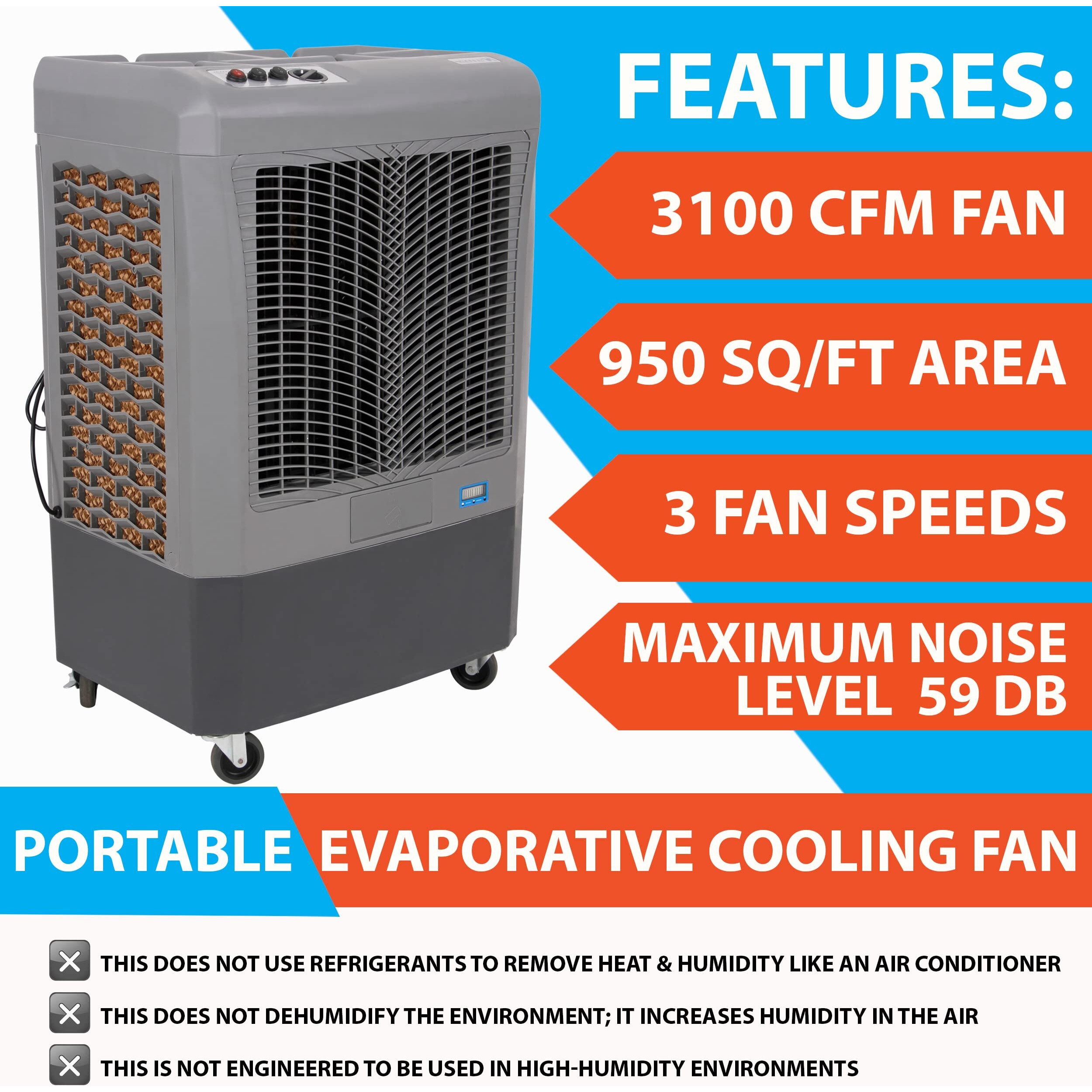 Portable Swamp Coolers - 3100 Cfm Mc37M Evaporative Air Cooler With 3-Speed Fan - Water Cooler Fan 950 Sq. Ft. Coverage High Velocity Outdoor Cooling Fan Swamp Cooler By Hessaire - Gray